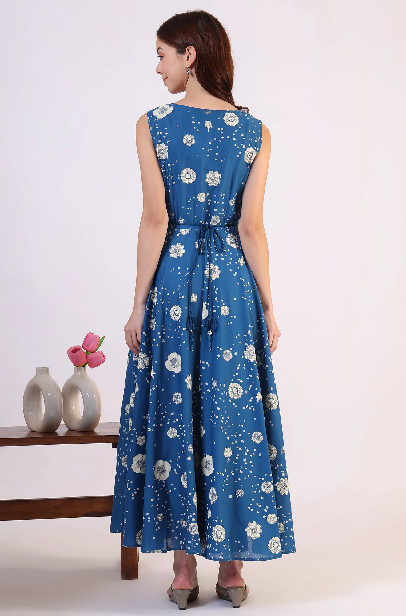 Ocean Blue Floral Printed Pure Cotton Flared Dress in Boat Neck - Image 6