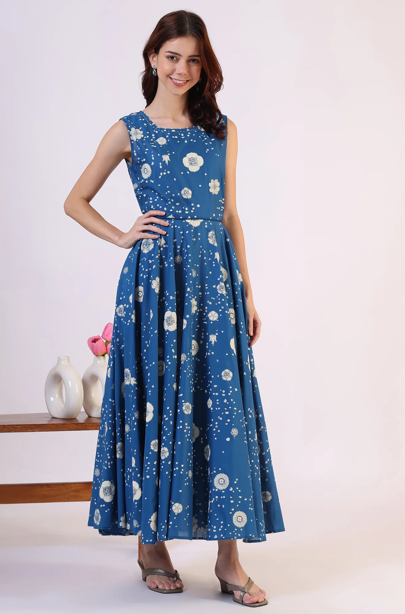 Ocean Blue Floral Printed Pure Cotton Flared Dress in Boat Neck - Image 7