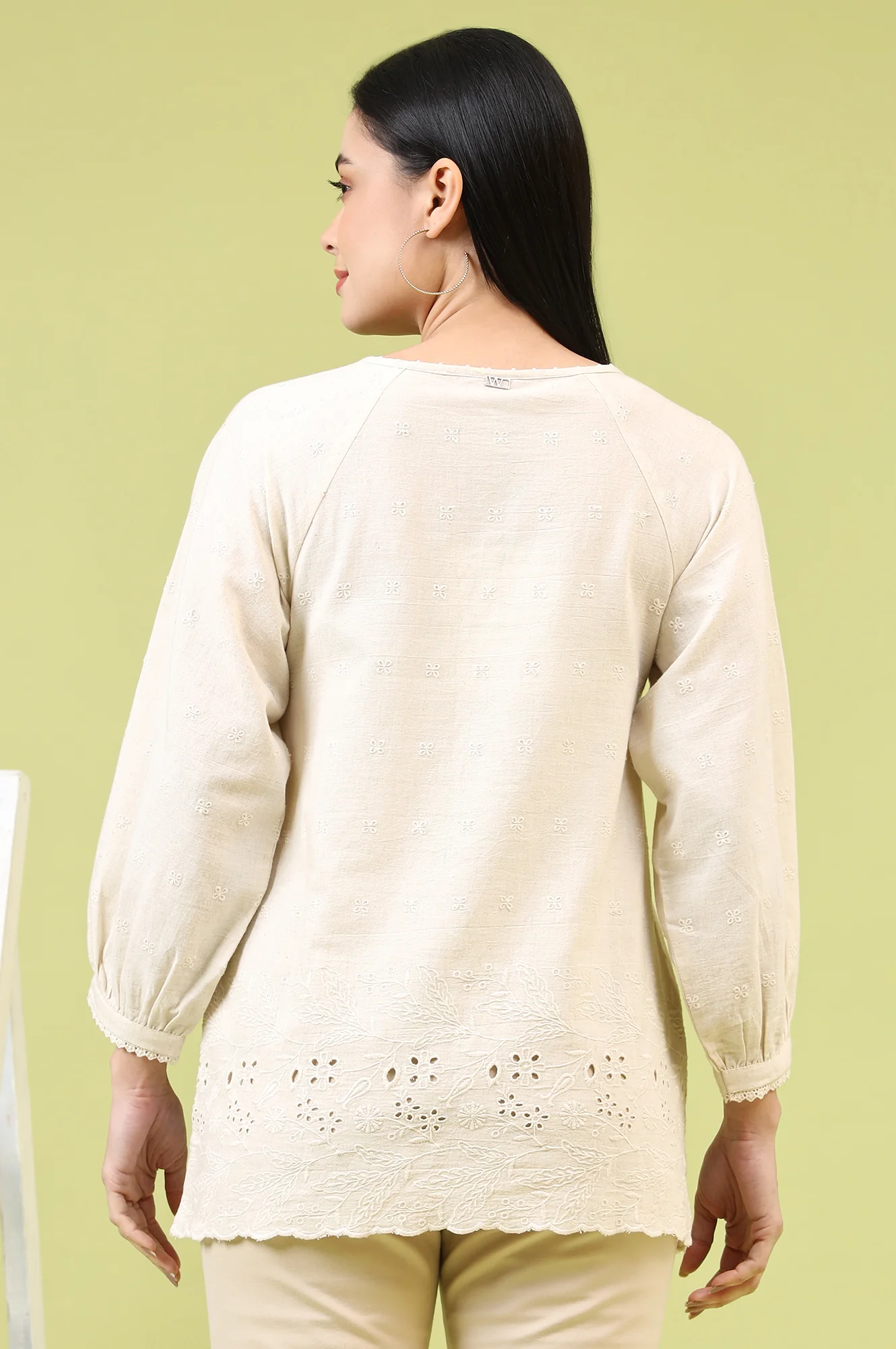 Off-Whie Schiffli Embroidered Fusion Top with Lace Detail - Image 6