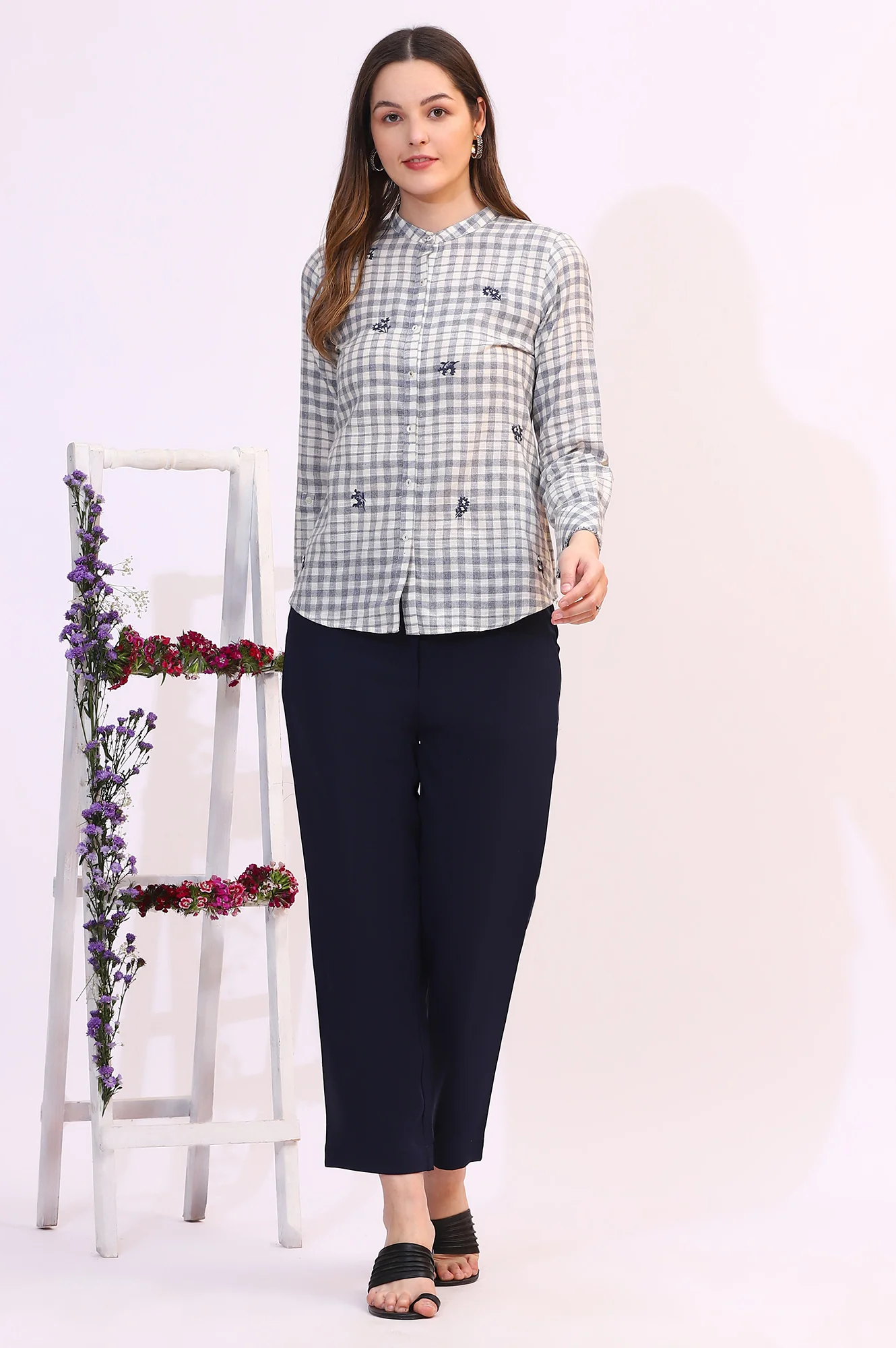 Off-White and Blue Checker Thread Embroidered Cotton Flax Shirt - Image 3