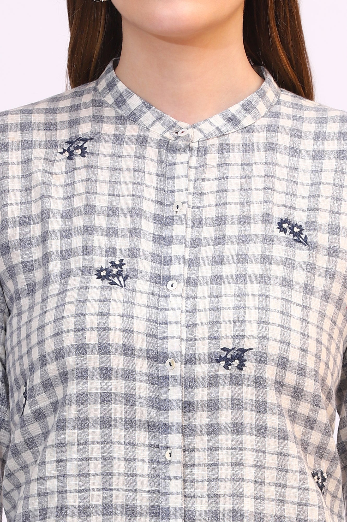 Off-White and Blue Checker Thread Embroidered Cotton Flax Shirt - Image 4