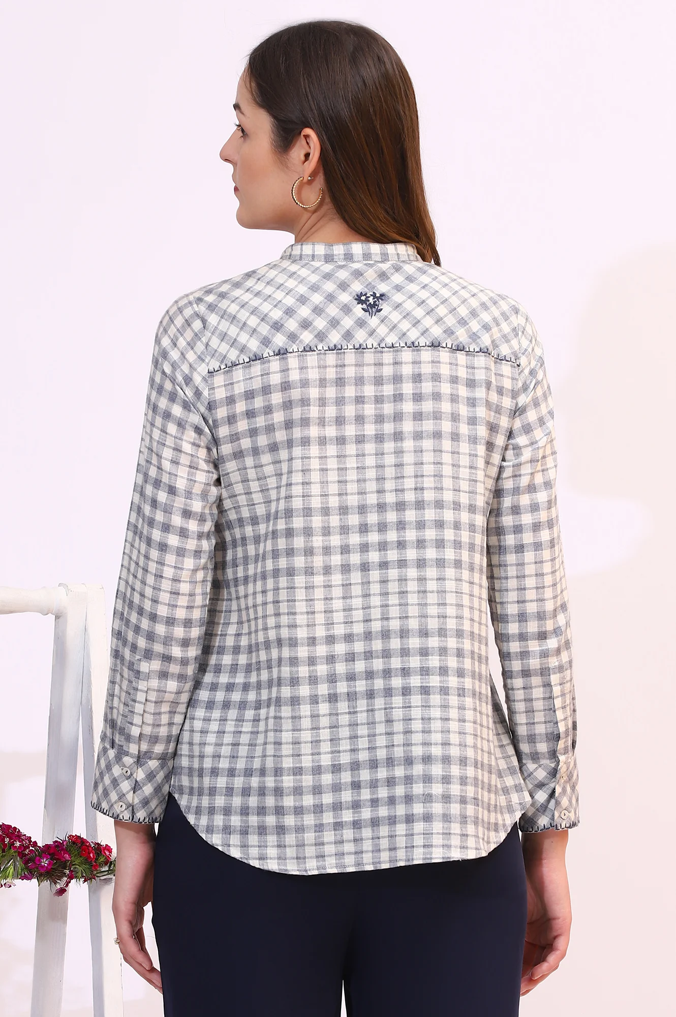 Off-White and Blue Checker Thread Embroidered Cotton Flax Shirt - Image 6