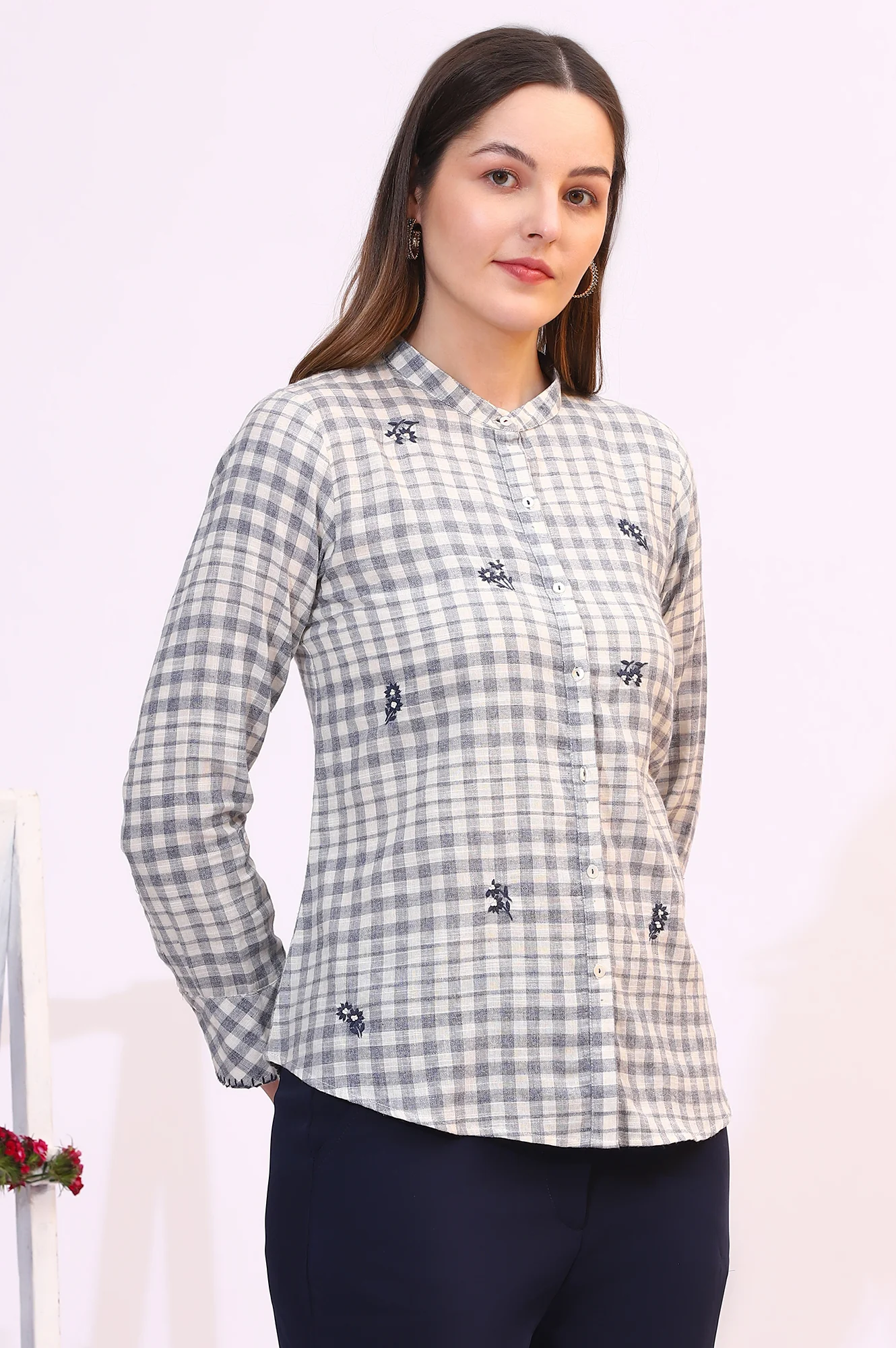 Off-White and Blue Checker Thread Embroidered Cotton Flax Shirt - Image 7