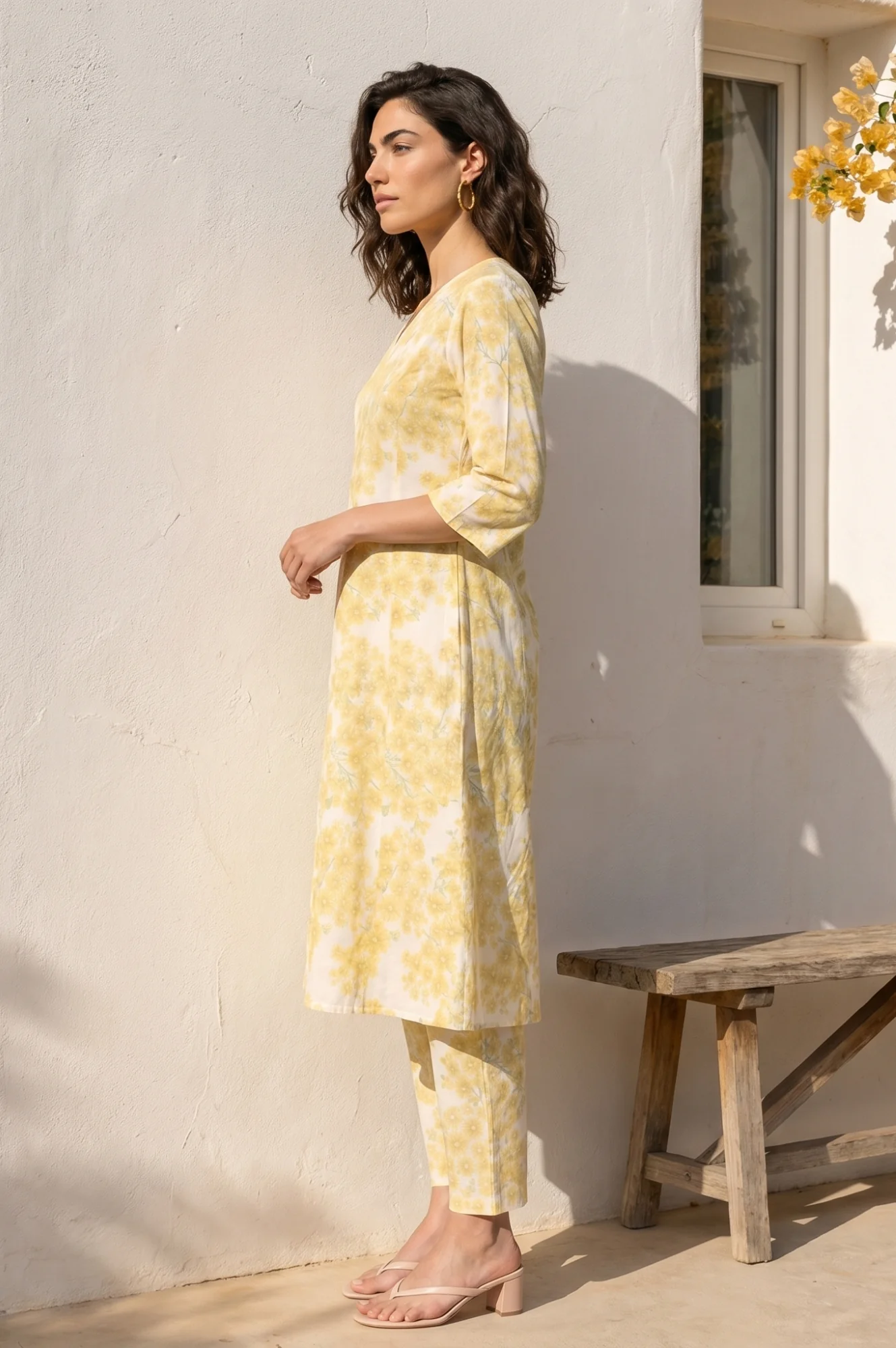 Off-White and Yellow Floral Printed Pure Cotton A-line Kurta with Pants Co-ord Set - Image 4