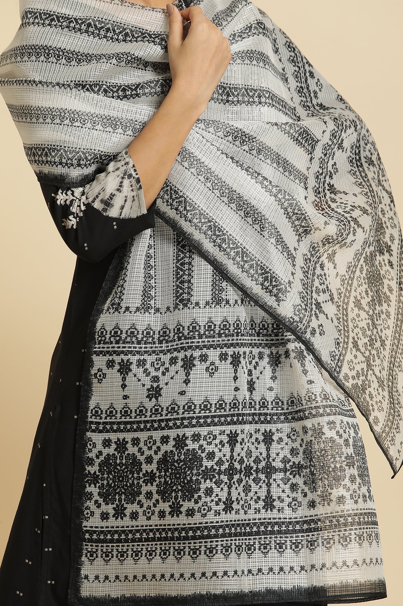 Off-White & Black Kota Printed Dupatta - Image 5
