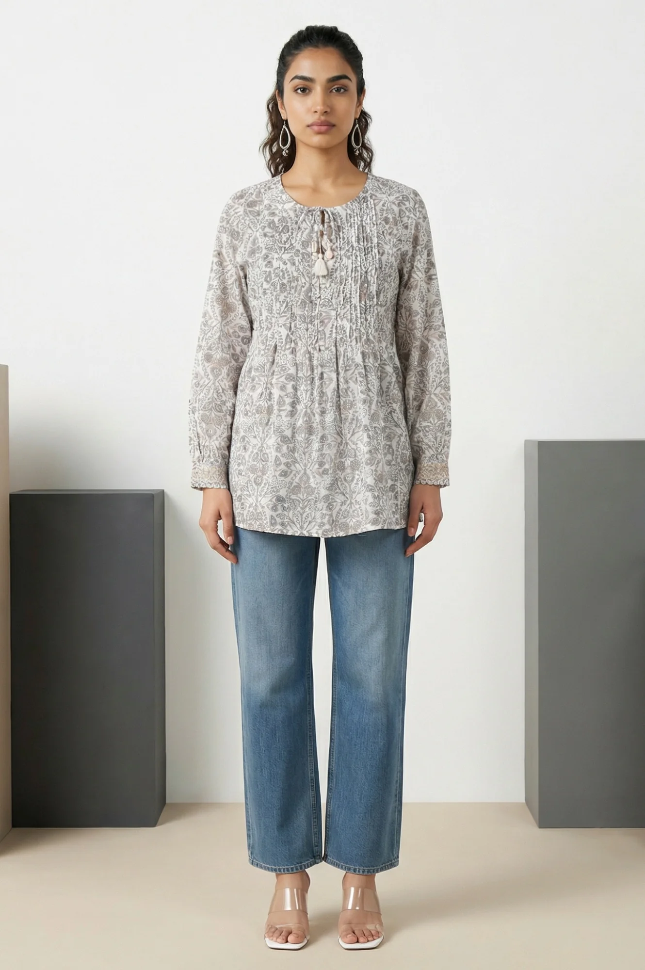 Off White Block Floral Printed Pure Cotton Flared Top - Image 2
