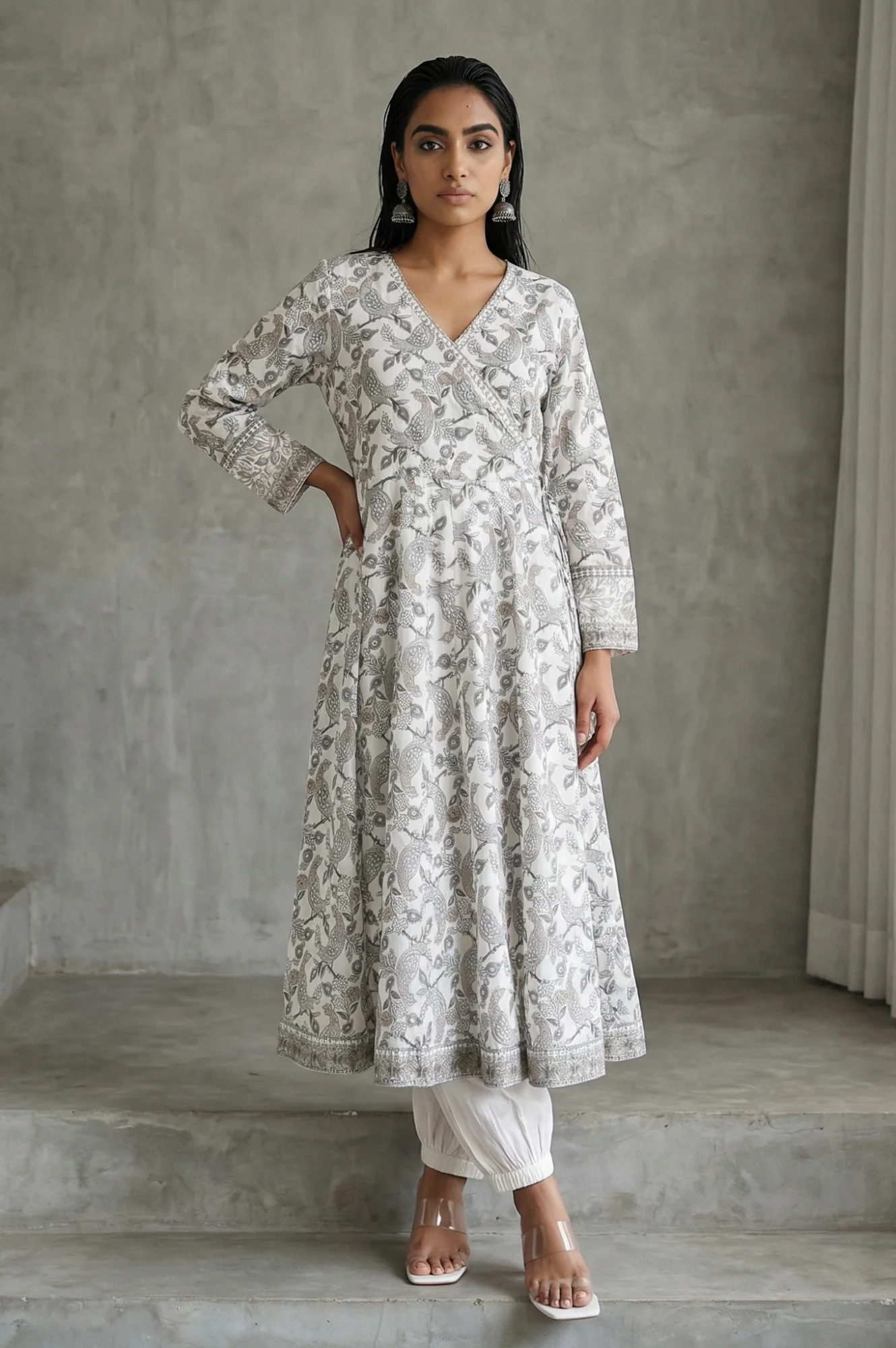 Off White Block Printed Pure Cotton Angrakha Kurta