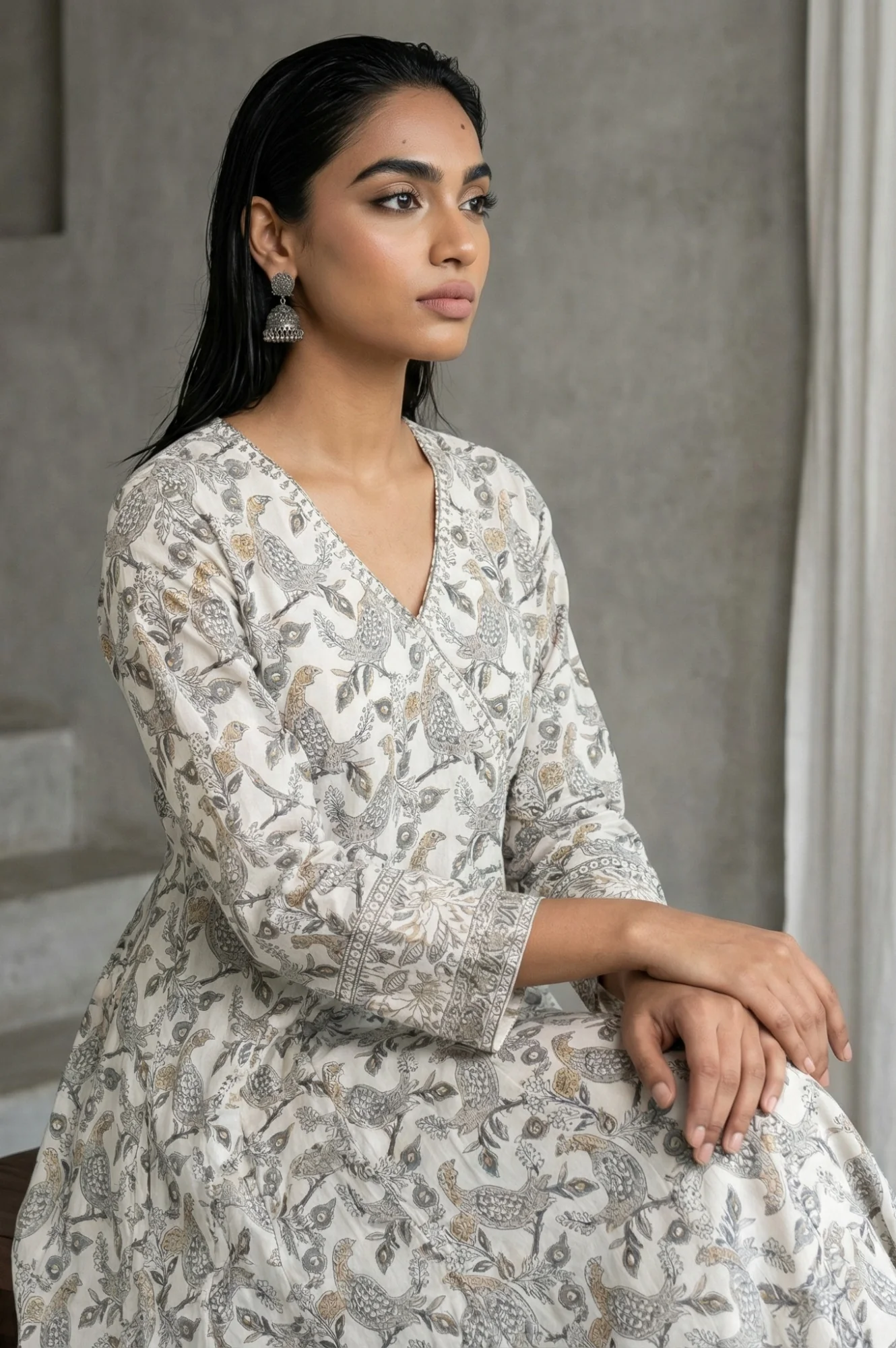 Off White Block Printed Pure Cotton Angrakha Kurta - Image 2