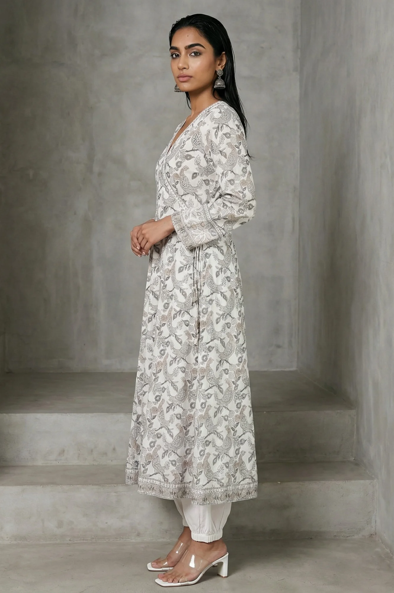 Off White Block Printed Pure Cotton Angrakha Kurta - Image 4