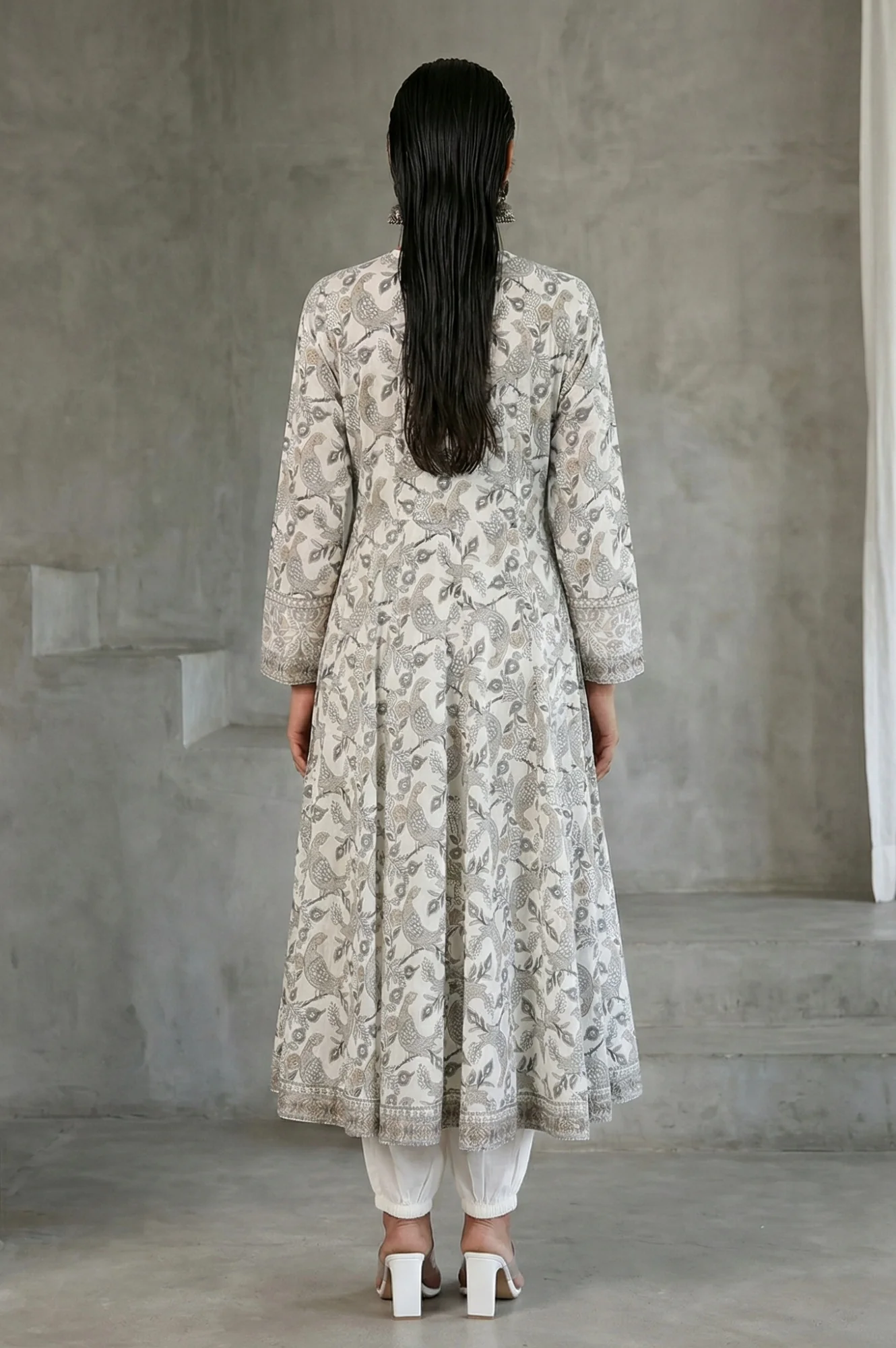 Off White Block Printed Pure Cotton Angrakha Kurta - Image 5