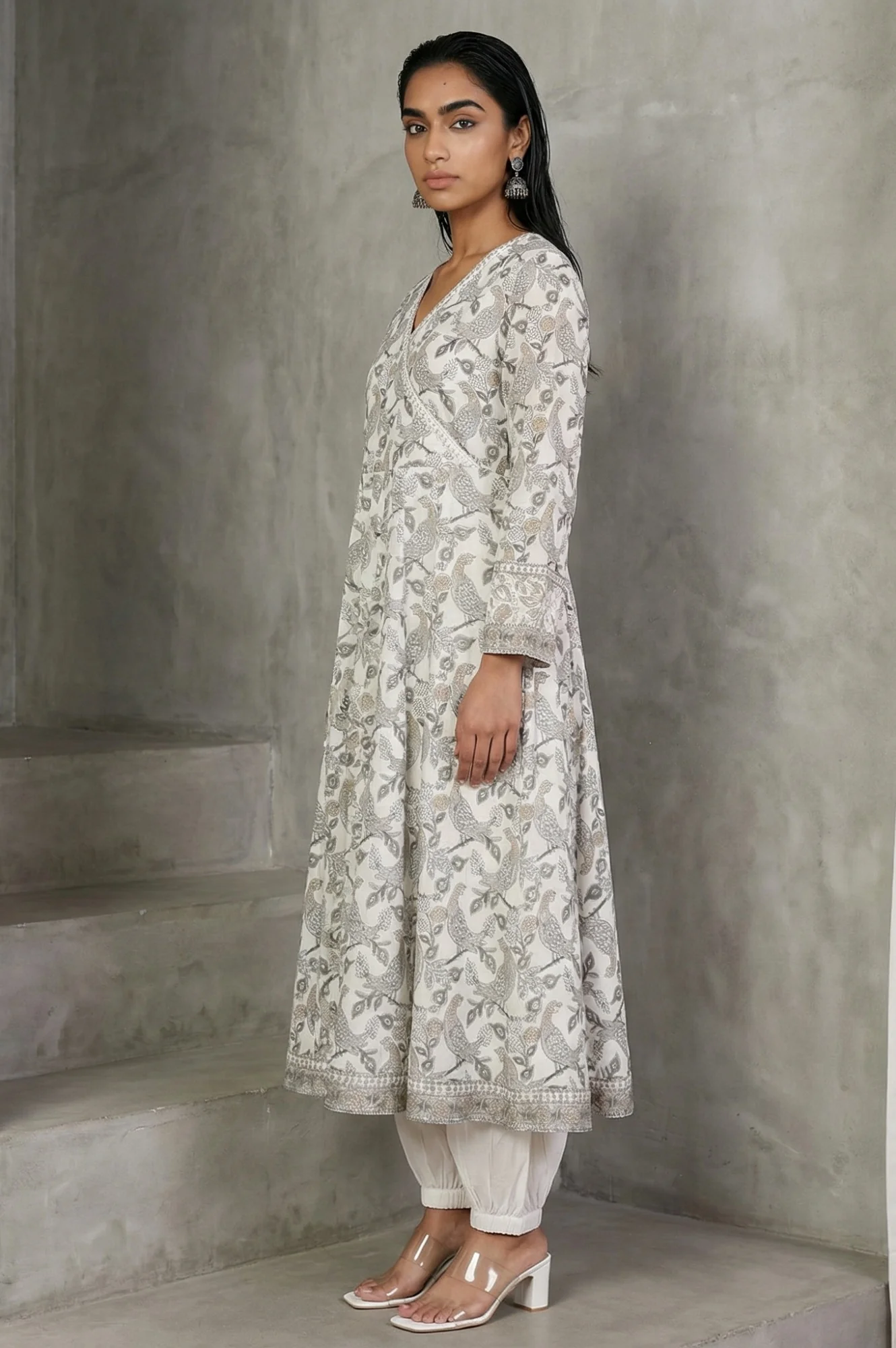 Off White Block Printed Pure Cotton Angrakha Kurta - Image 6