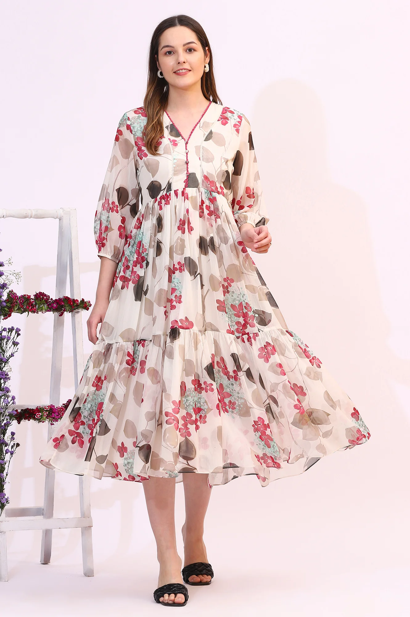 Off White Bold Floral Printed Chiffon Tiered Dress - Image 2