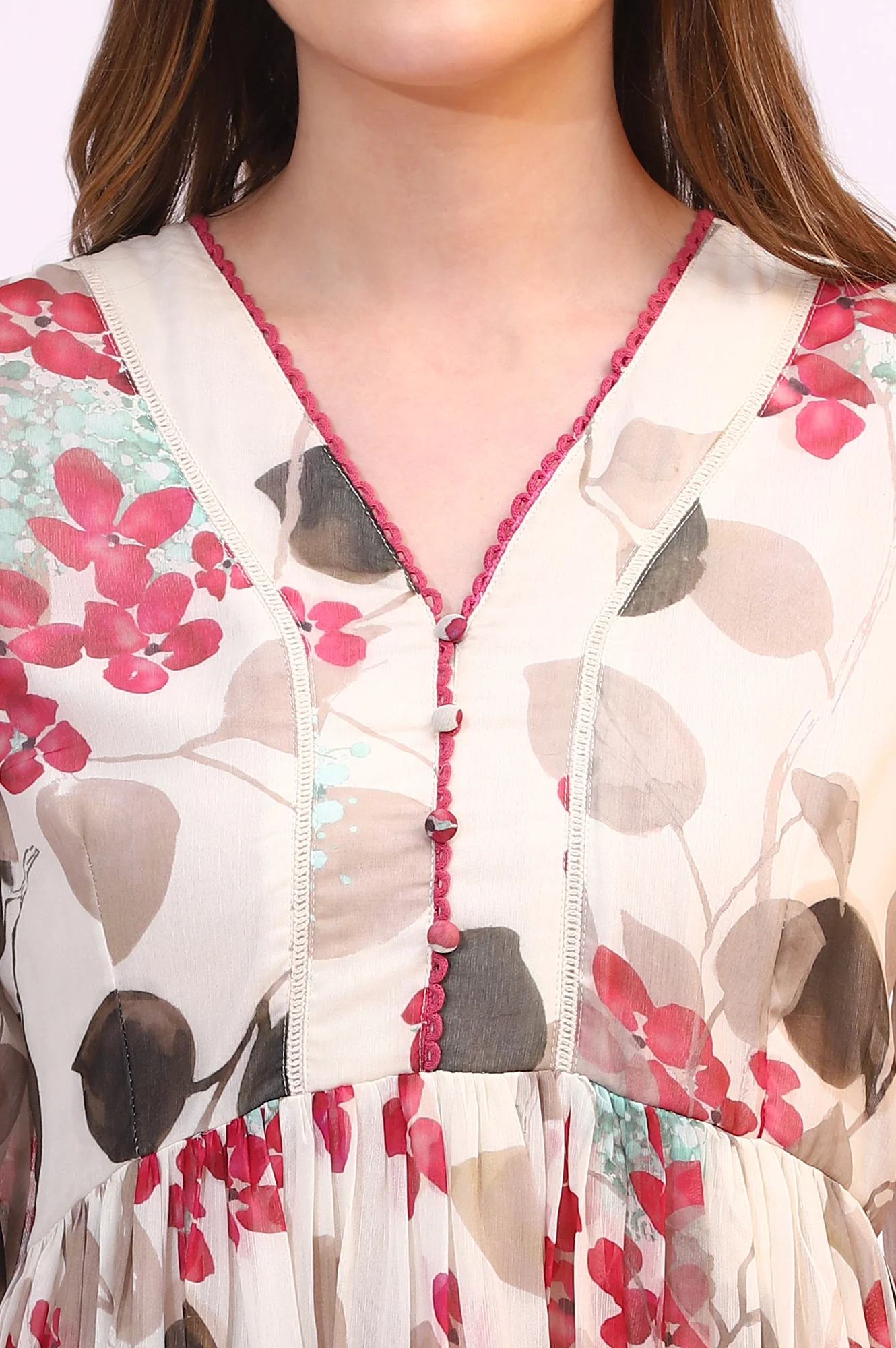 Off White Bold Floral Printed Chiffon Tiered Dress - Image 4