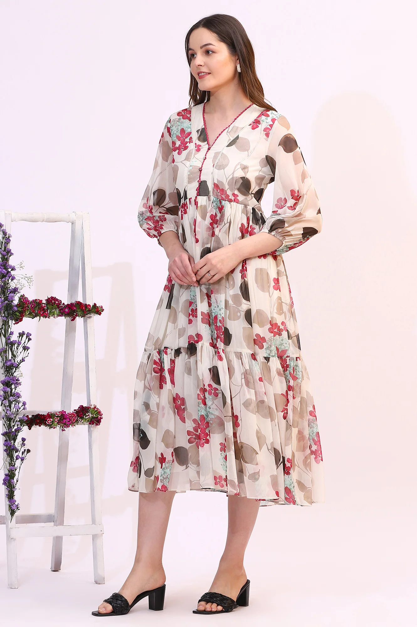 Off White Bold Floral Printed Chiffon Tiered Dress - Image 5