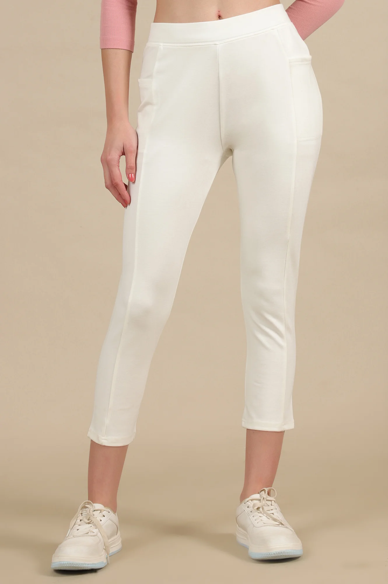 Elleven Women's Off White Solid Skinny Fit Knit Yoga Tights with Elasticated Waist