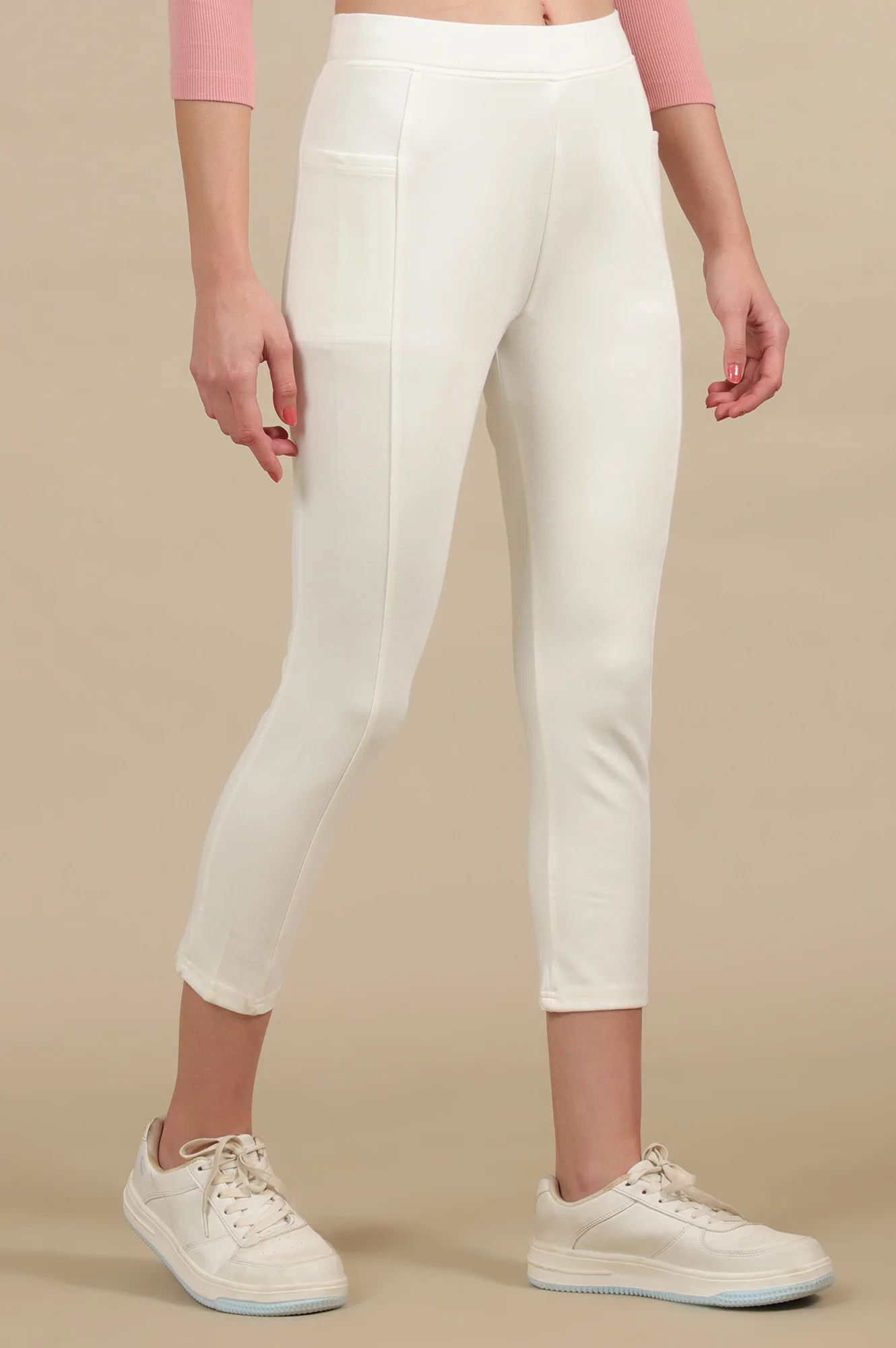 Elleven Women's Off White Solid Skinny Fit Knit Yoga Tights with Elasticated Waist - Image 4