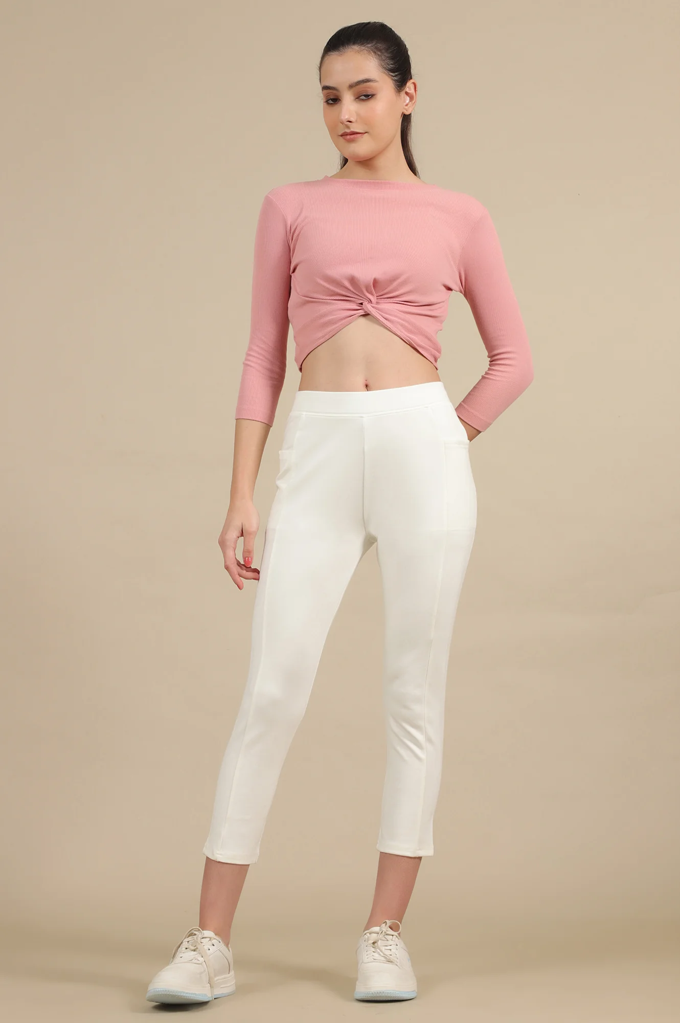 Elleven Women's Off White Solid Skinny Fit Knit Yoga Tights with Elasticated Waist - Image 5