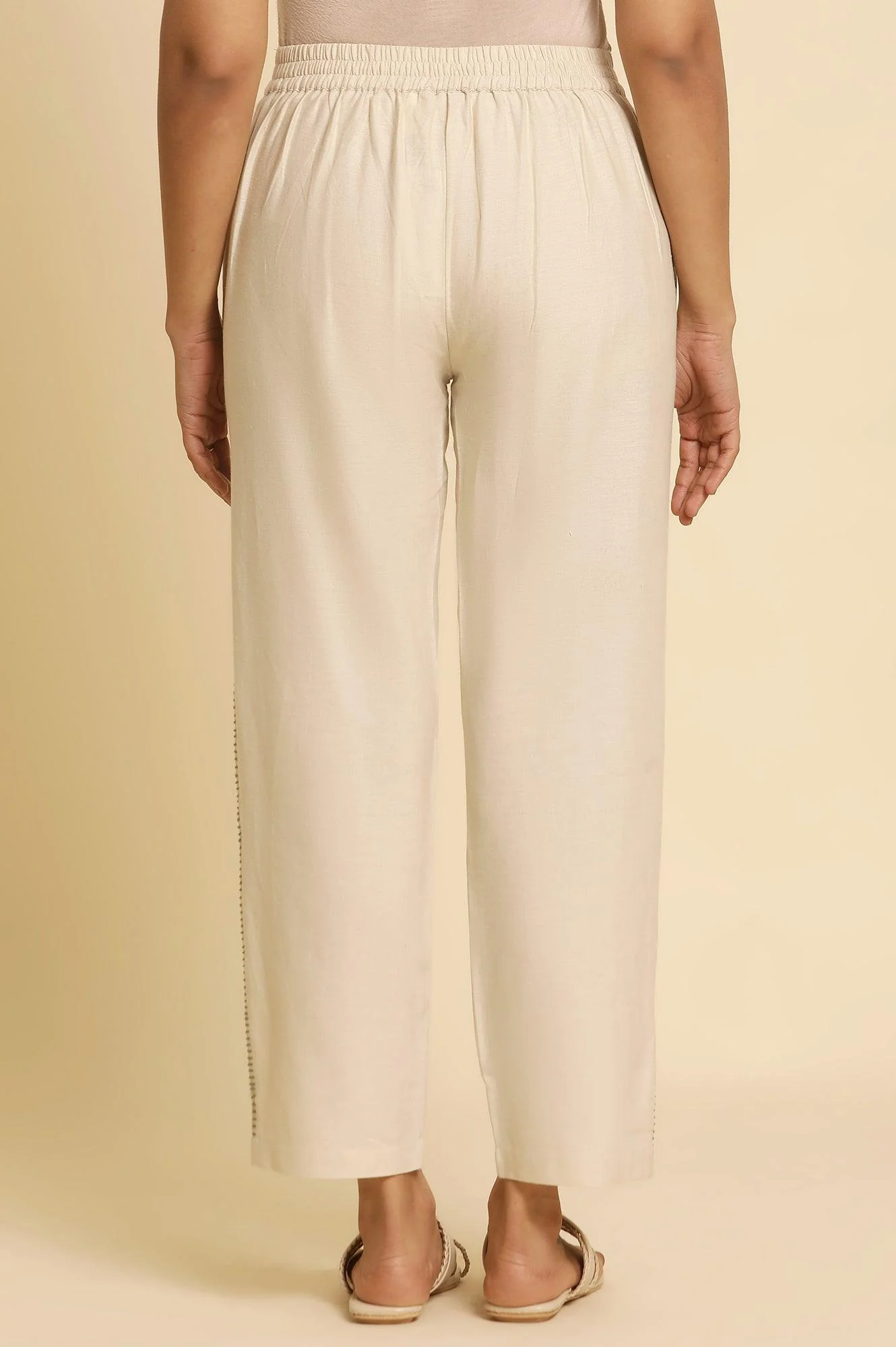 Off-White Cotton Flax Straight Pants - Image 3