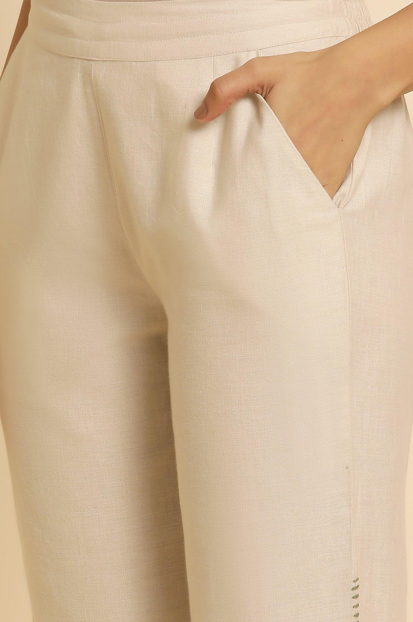 Off-White Cotton Flax Straight Pants - Image 7