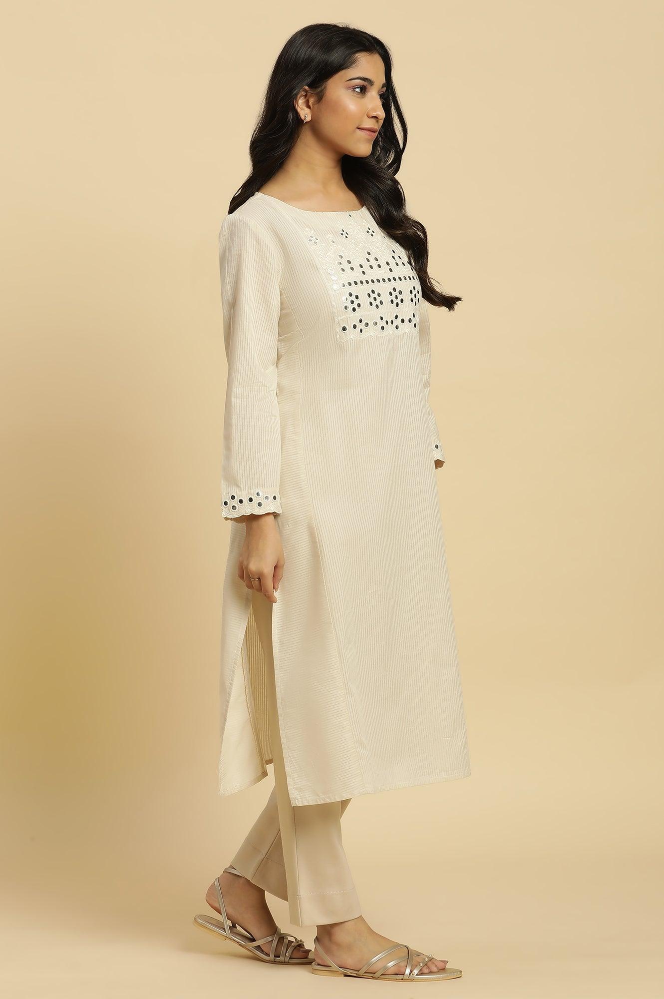 Off-White Cotton Kurta With Mirror Work - Image 5
