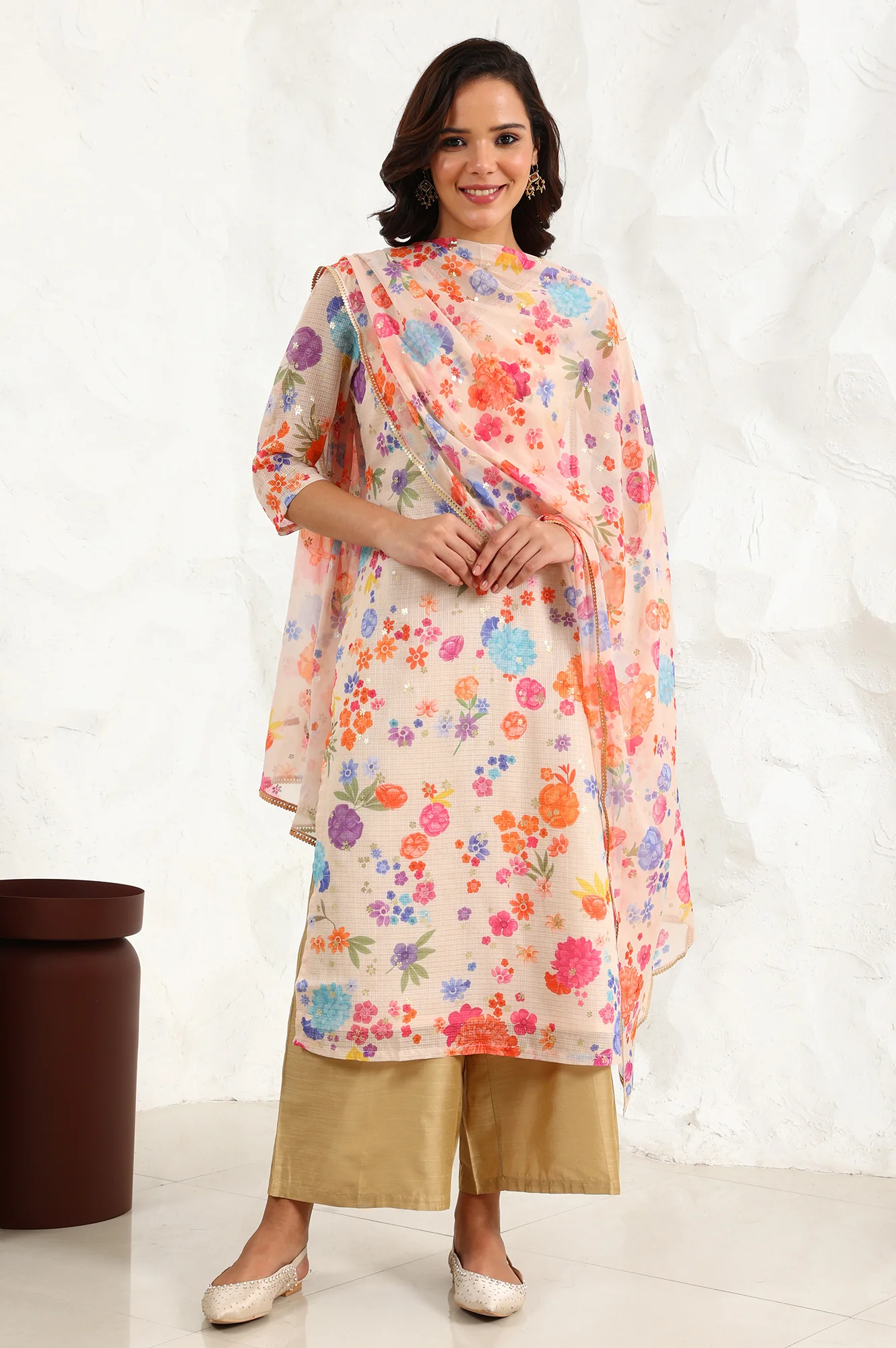 Off-White Digital Foil Floral Printed Chiffon Dupatta - Image 2