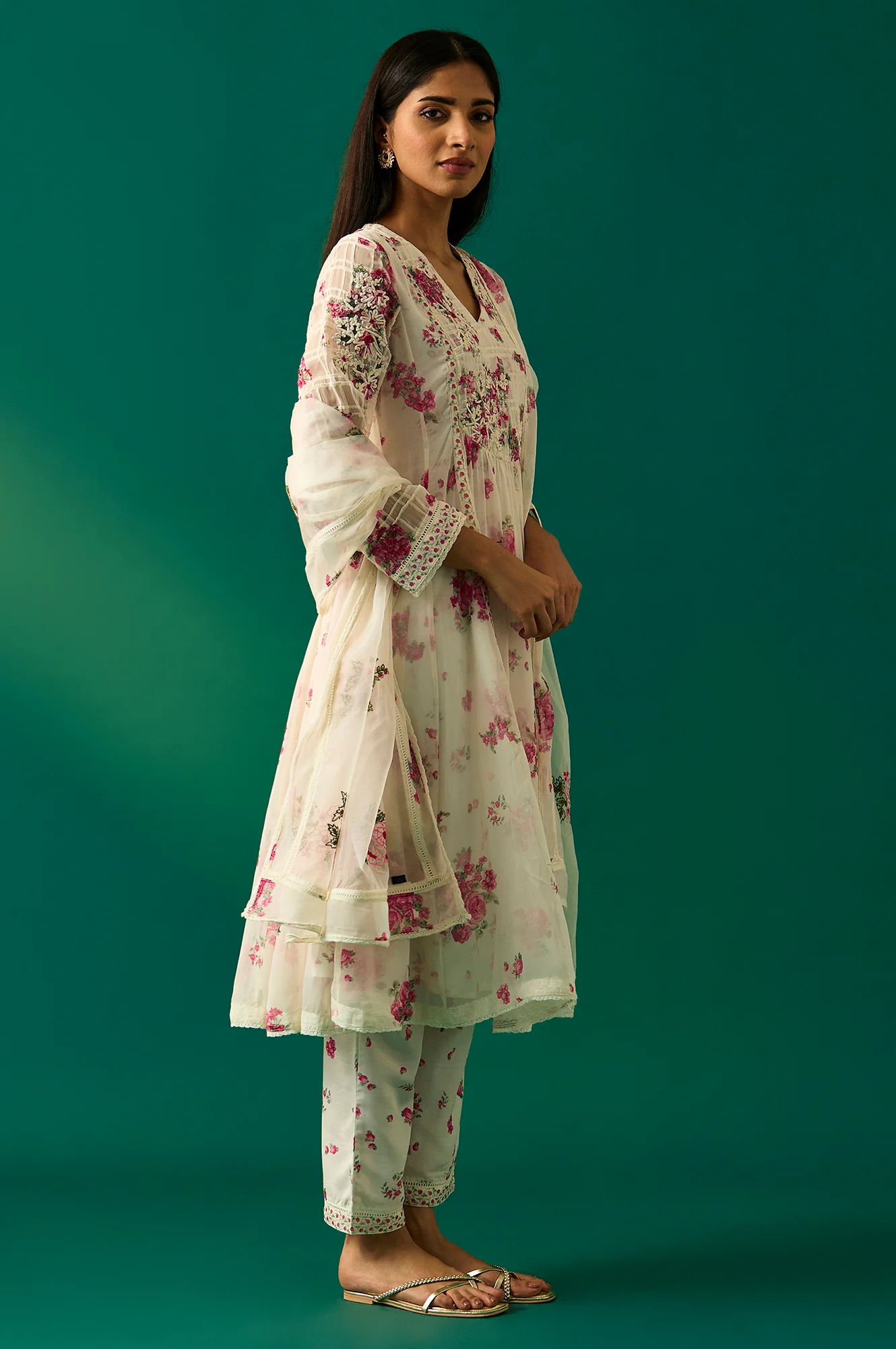 Off White Dori Embroidery Flared Silver Chiffon Kurta, Pants and Dupatta Set - Image 3