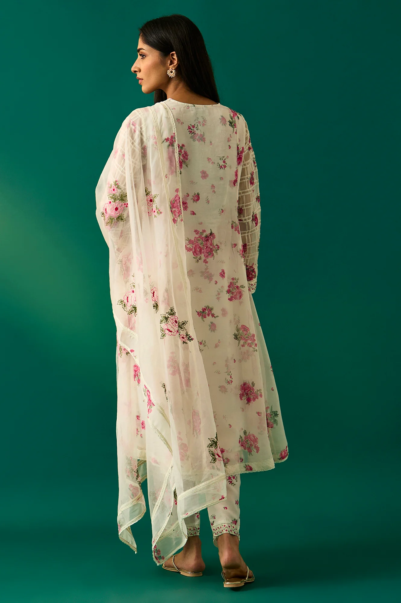 Off White Dori Embroidery Flared Silver Chiffon Kurta, Pants and Dupatta Set - Image 4