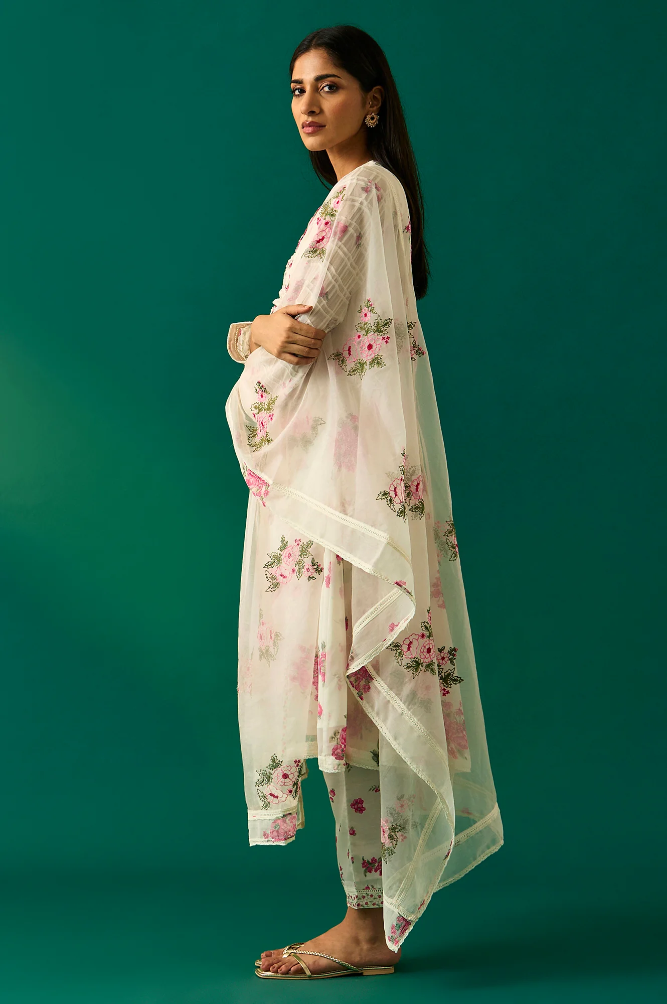 Off White Dori Embroidery Flared Silver Chiffon Kurta, Pants and Dupatta Set - Image 5