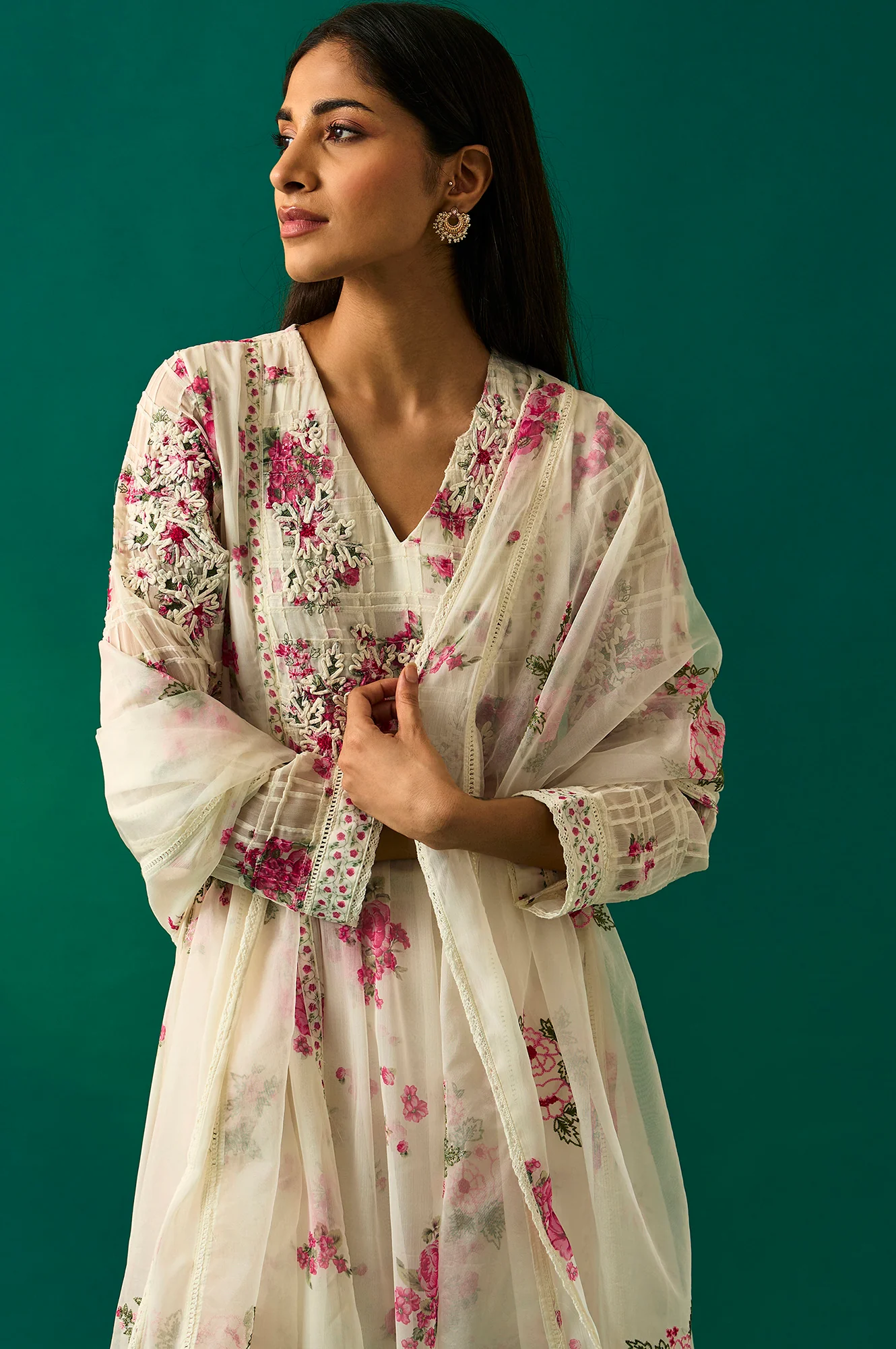 Off White Dori Embroidery Flared Silver Chiffon Kurta, Pants and Dupatta Set - Image 6