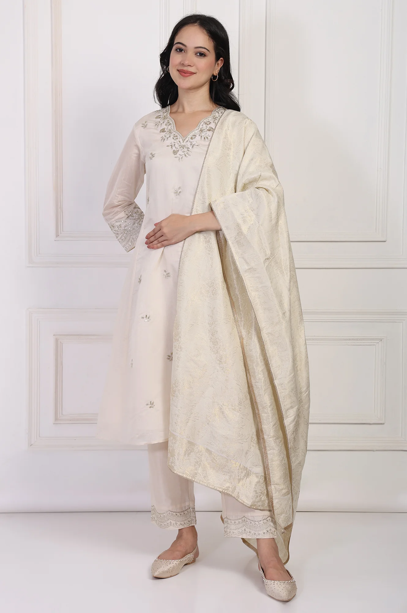 Off-White Embroidered A-Line Kurta with Straight Pant and Dupatta Set - Image 2