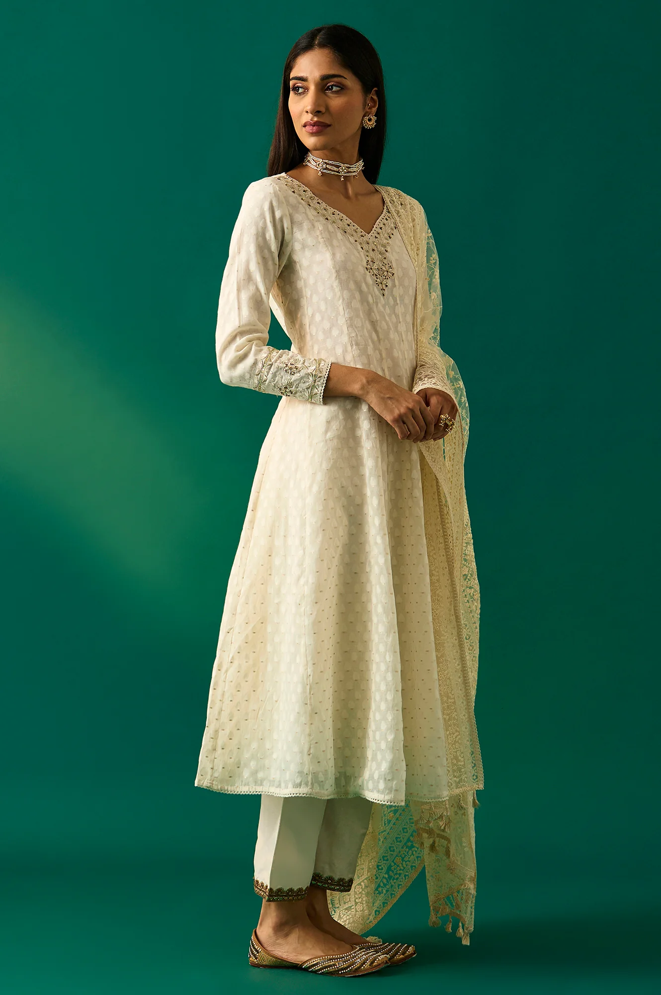 Off-White Embroidered Anarkali Cotton Kurta with Straight Pants and Dupatta Set - Image 5