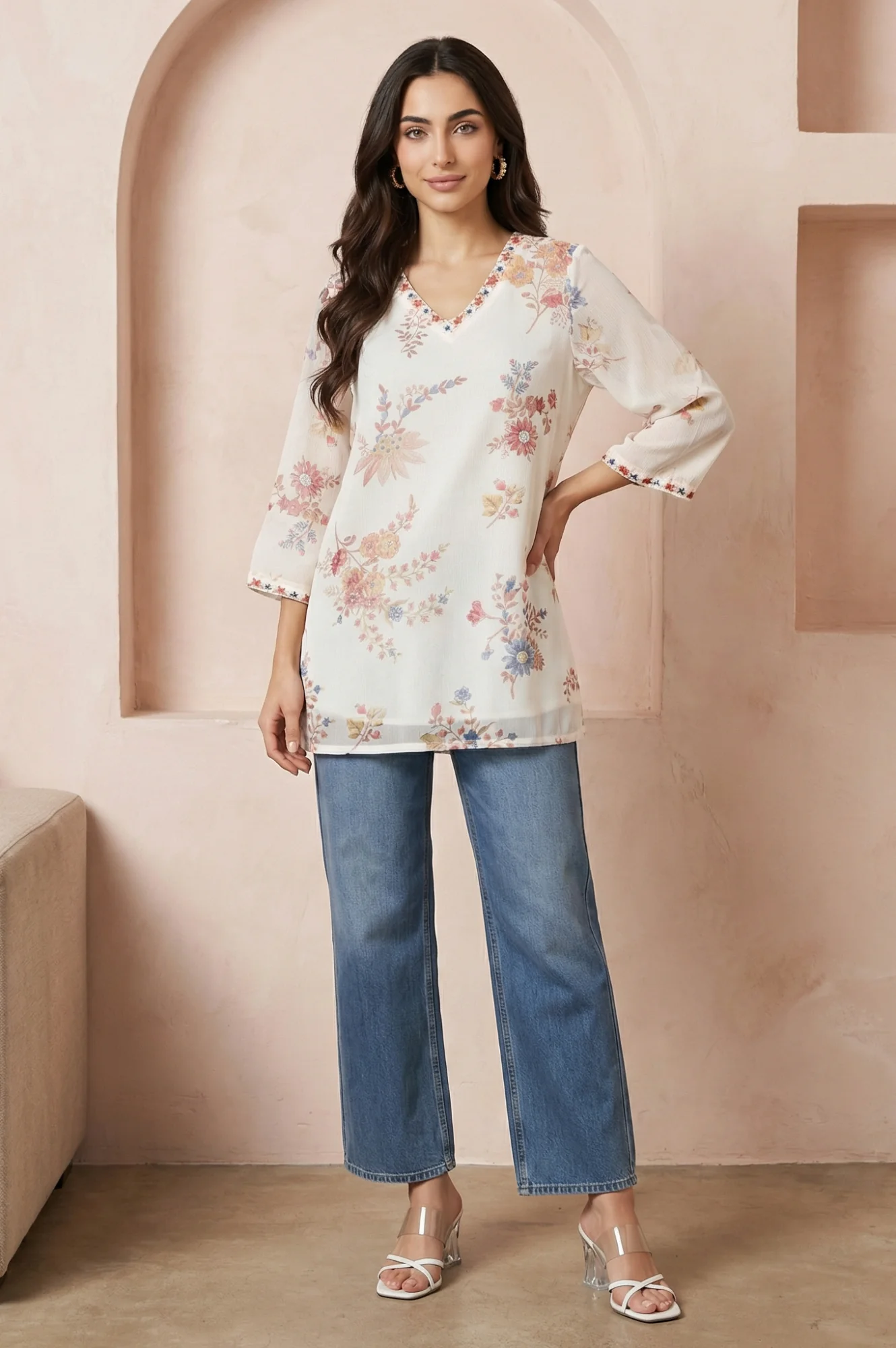 Off White Embroidered Chiffon Straight Top - Image 3
