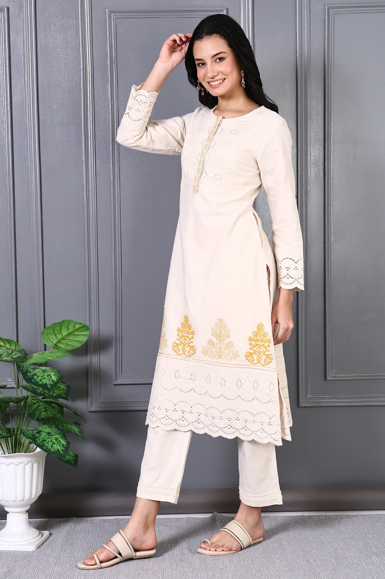 Off White Embroidered Cotton Flax Straight Kurta and Trousers Co-ord Set - Image 4