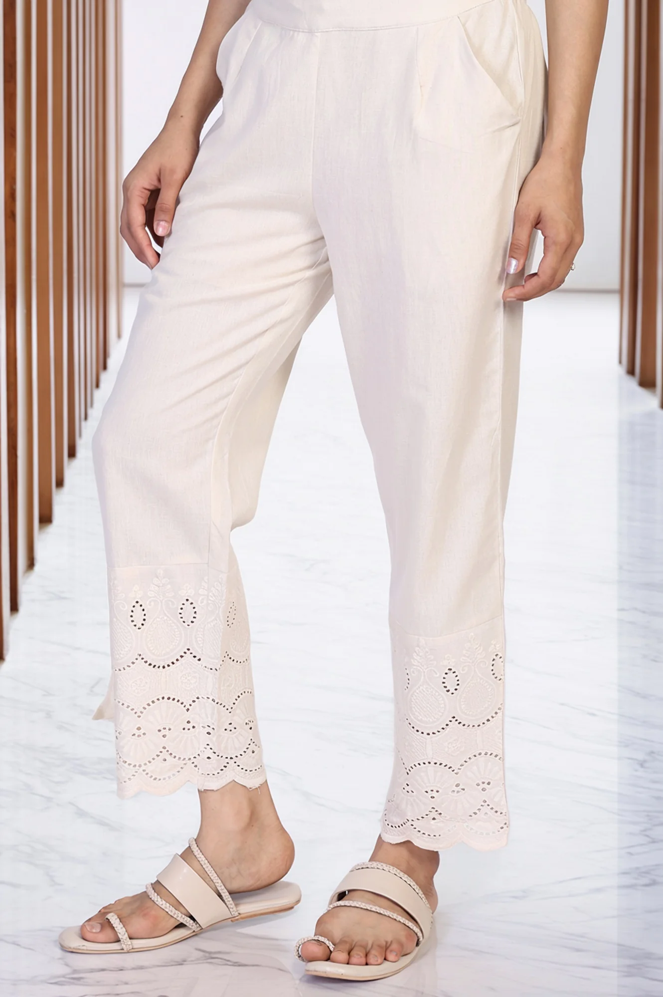 Off-White Embroidered Cropped Cotton Straight Pant - Image 6