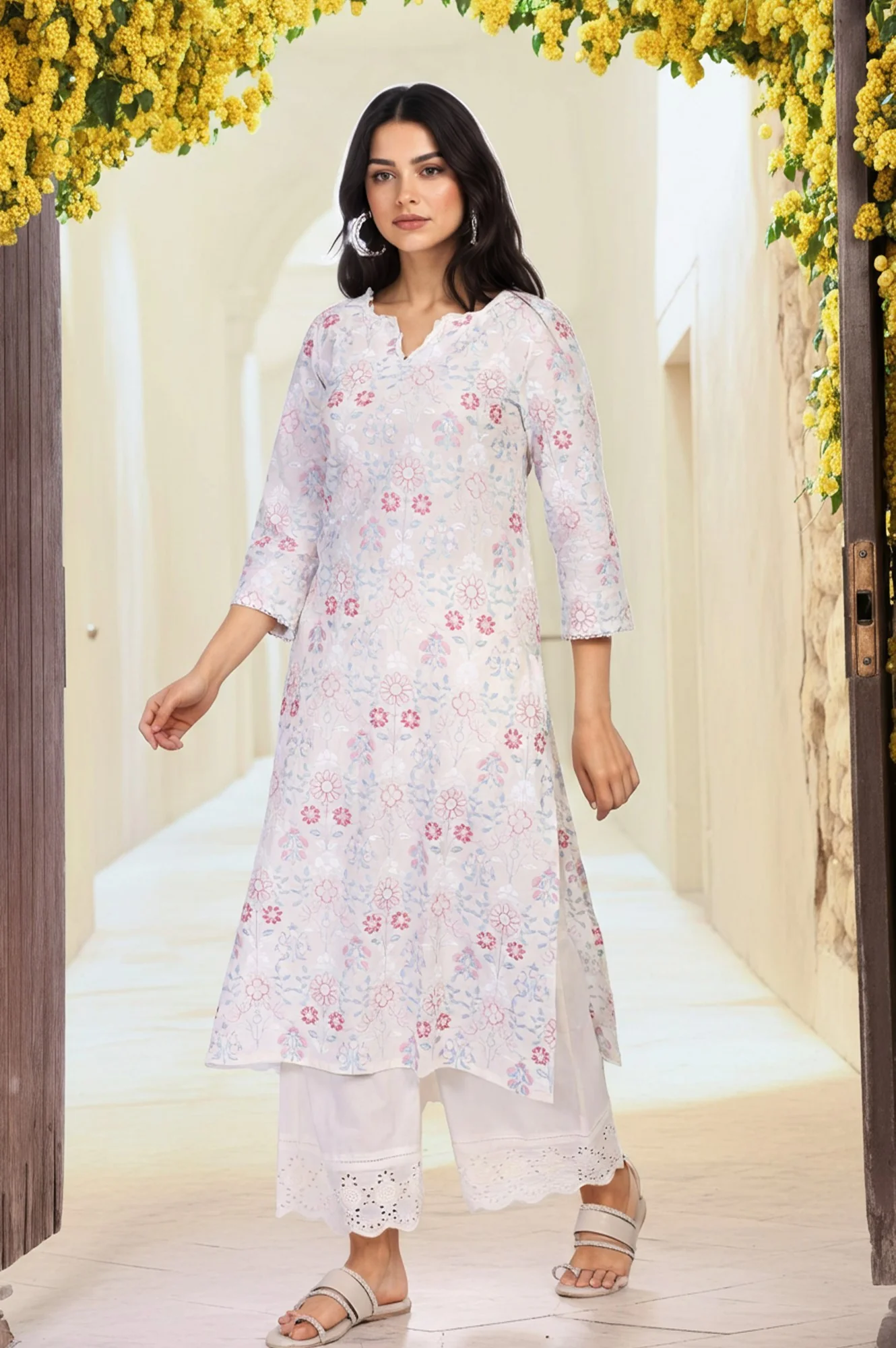 Off-White Embroidered Lace Trim Straight Cotton Kurta with Flared Pant and Dupatta Set - Image 6
