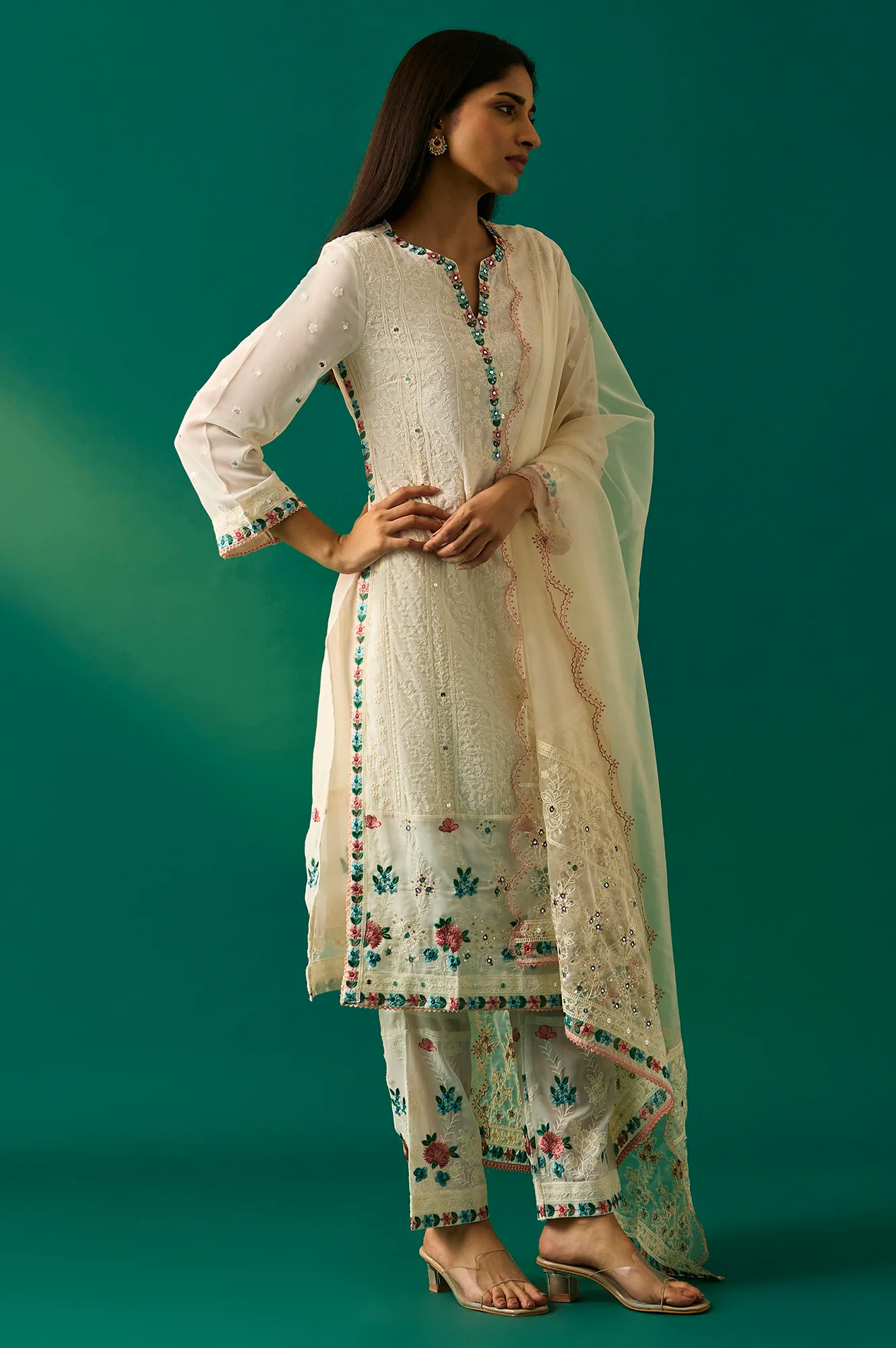 Off-White Embroidered Straight Kurta with Straight Pant and Dupatta Set - Image 5
