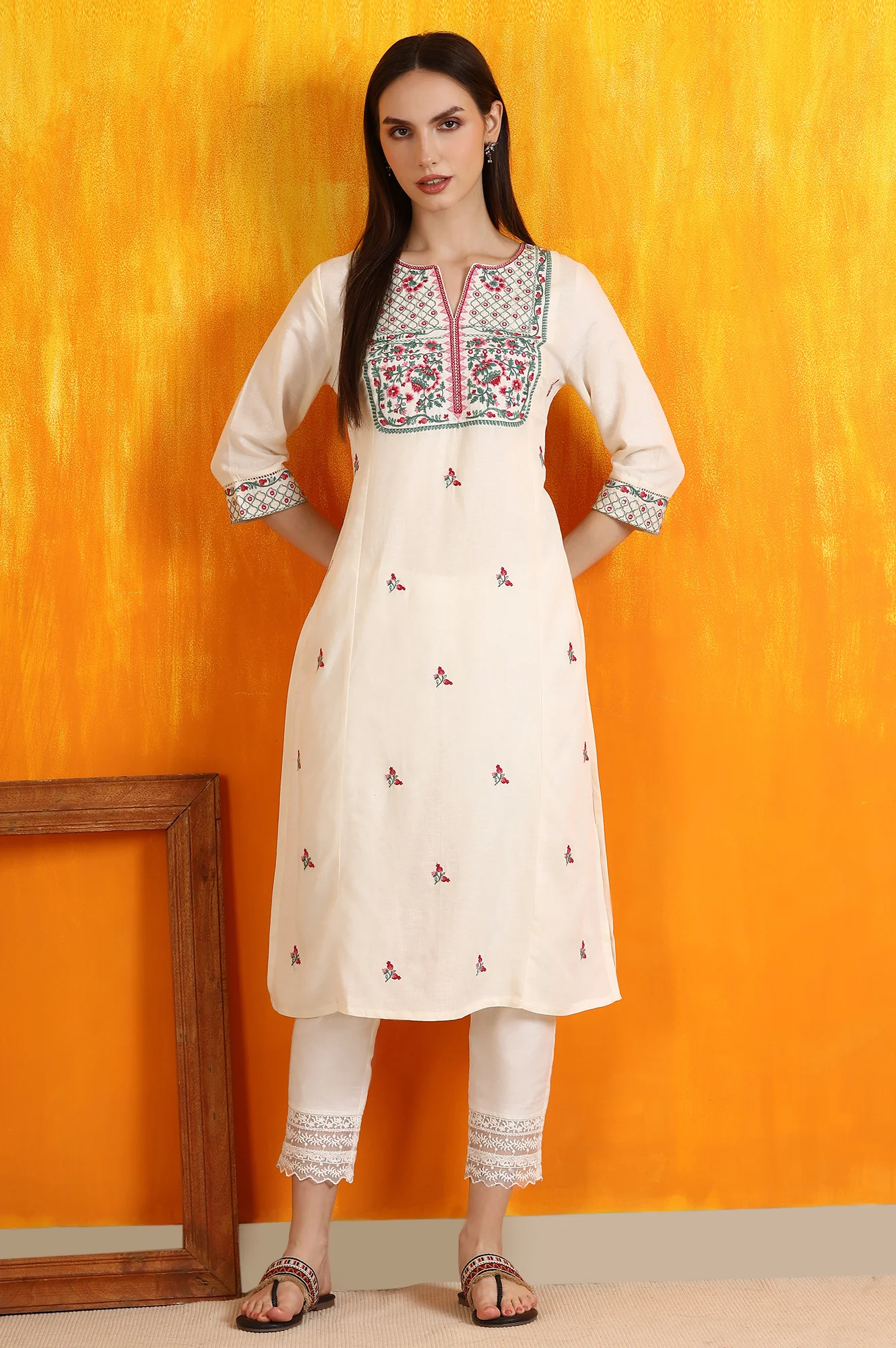 Off-White Embroidered Yoke Rayon Flax Straight Kurta - Image 2