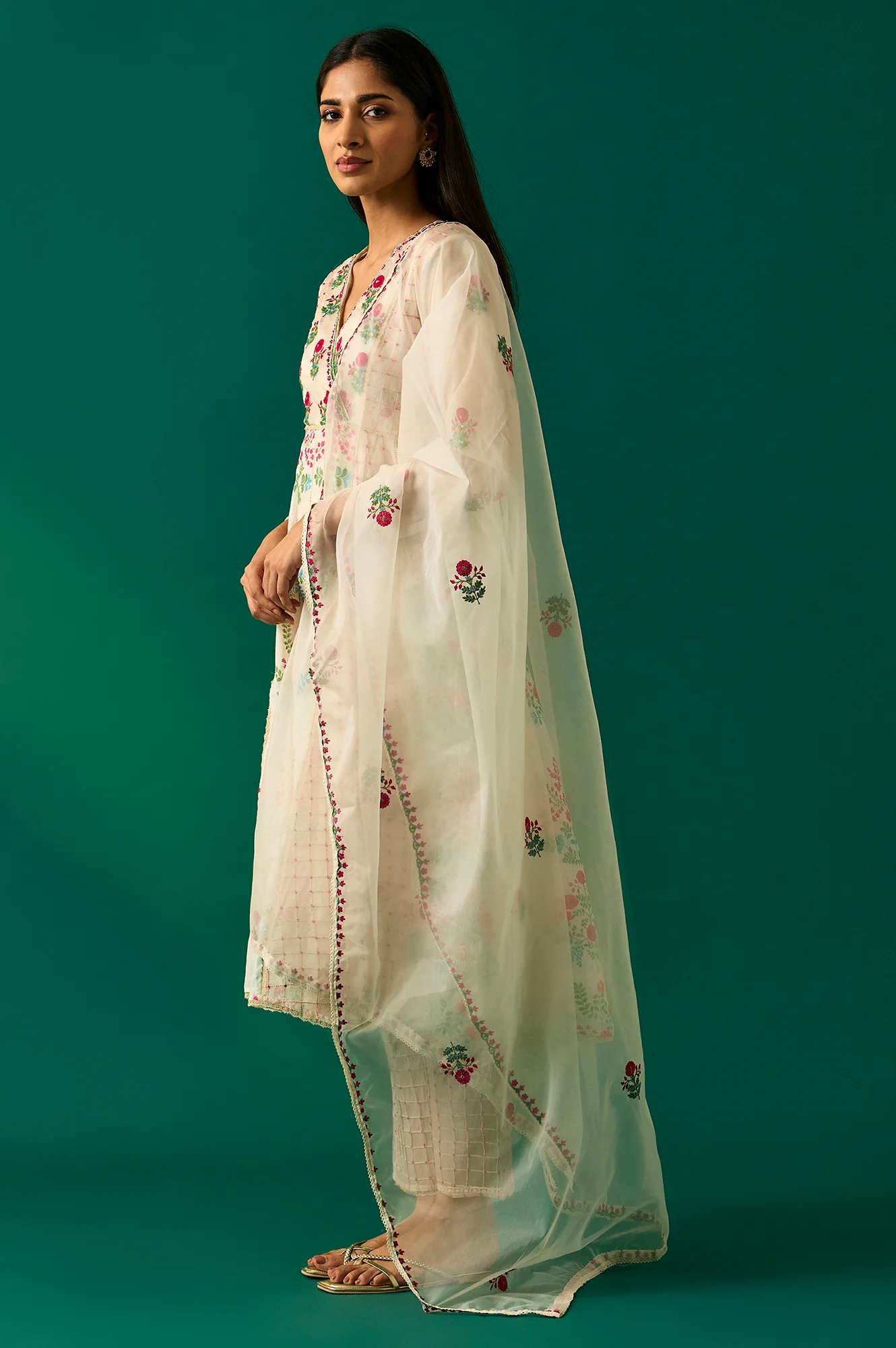 Off-White Floral Embroidered Anarkali Kurta with Straight Pant and Dupatta Set - Image 3