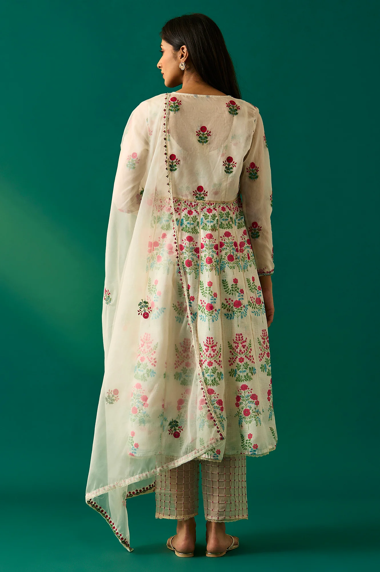 Off-White Floral Embroidered Anarkali Kurta with Straight Pant and Dupatta Set - Image 4