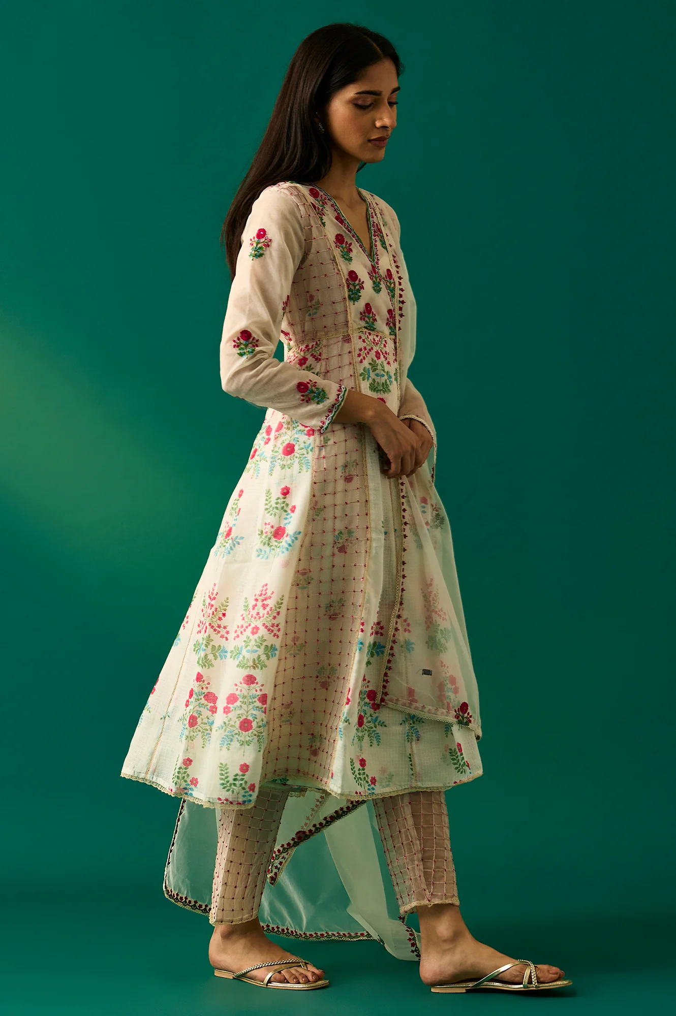 Off-White Floral Embroidered Anarkali Kurta with Straight Pant and Dupatta Set - Image 5