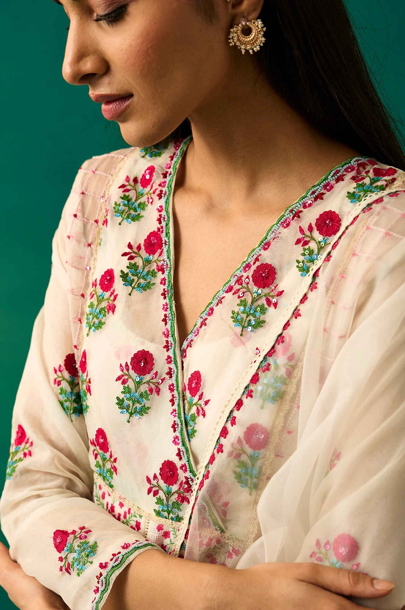 Off-White Floral Embroidered Anarkali Kurta with Straight Pant and Dupatta Set - Image 7