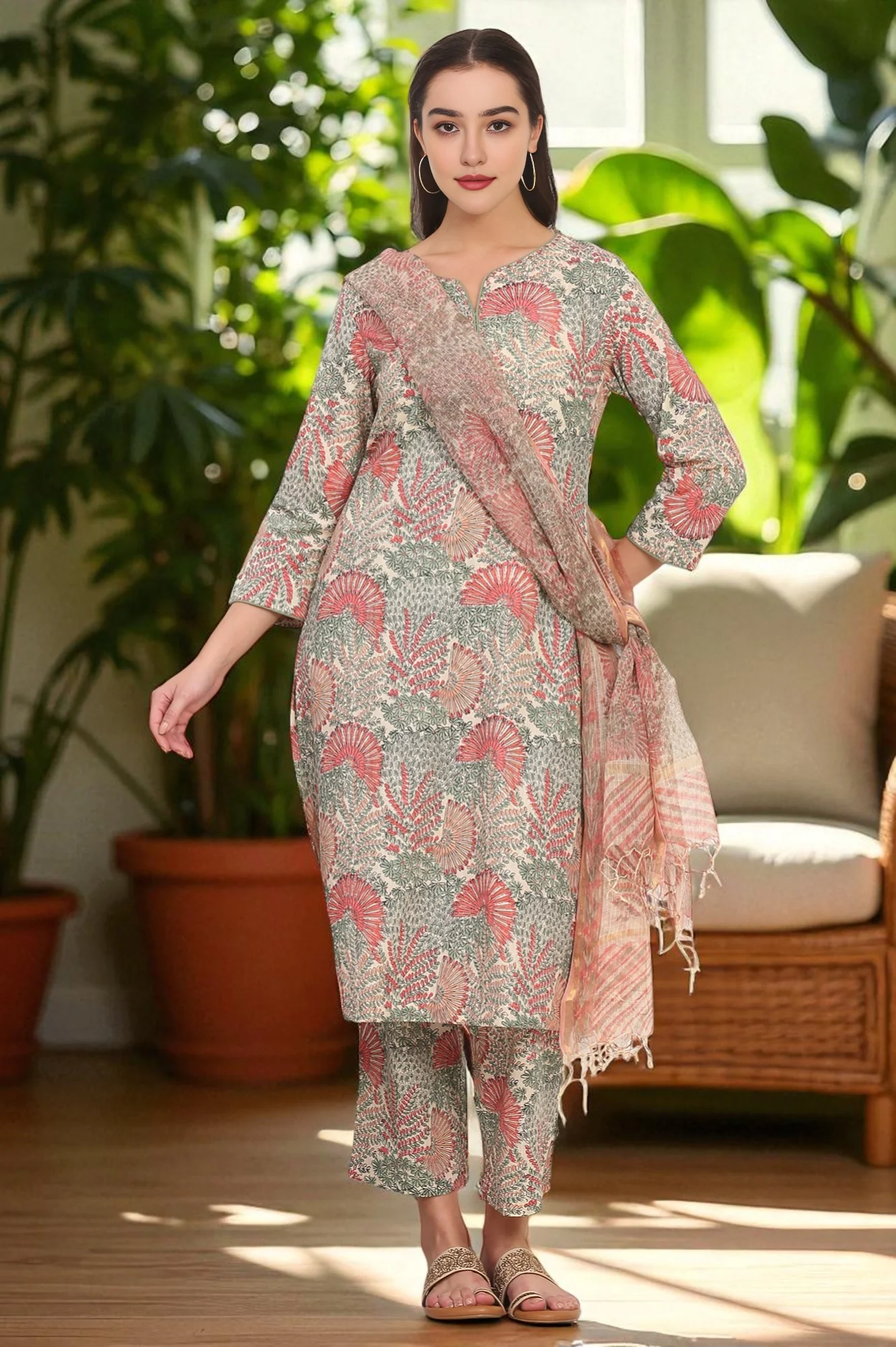 Off-White Floral Handblock Printed Pure Cotton Straight Kurta, Pants and Dupatta Set