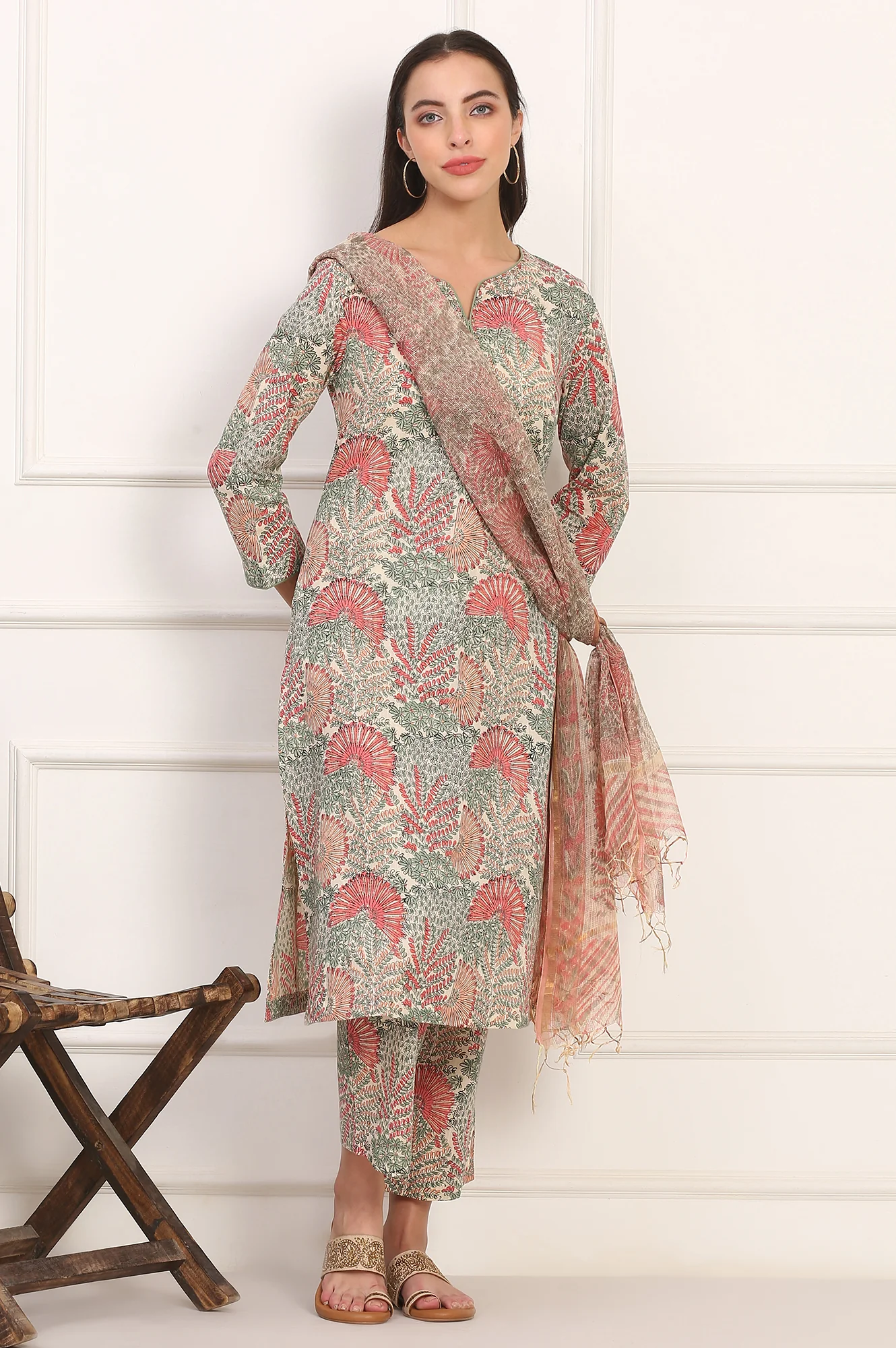 Off-White Floral Handblock Printed Pure Cotton Straight Kurta, Pants and Dupatta Set - Image 3