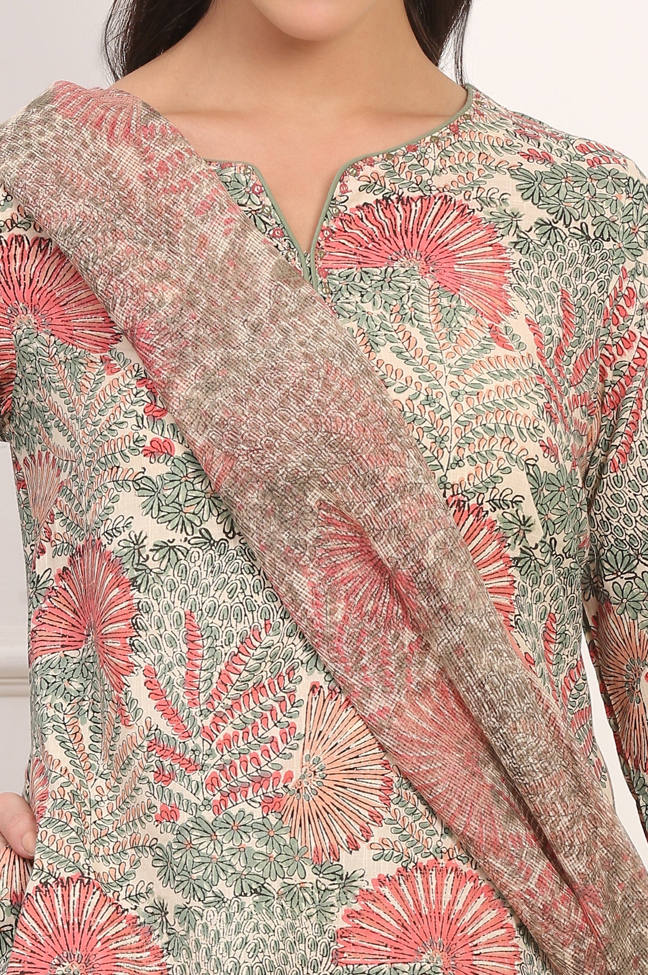 Off-White Floral Handblock Printed Pure Cotton Straight Kurta, Pants and Dupatta Set - Image 4