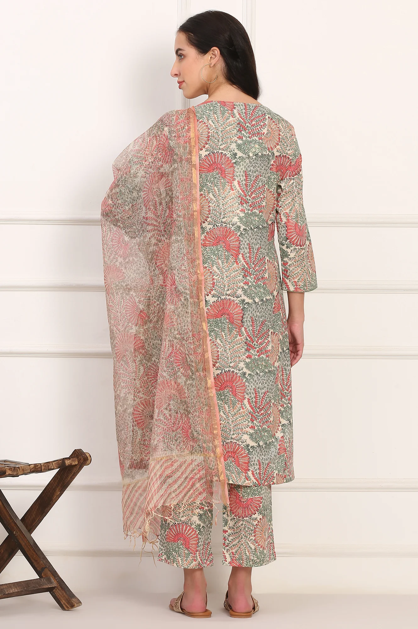 Off-White Floral Handblock Printed Pure Cotton Straight Kurta, Pants and Dupatta Set - Image 6