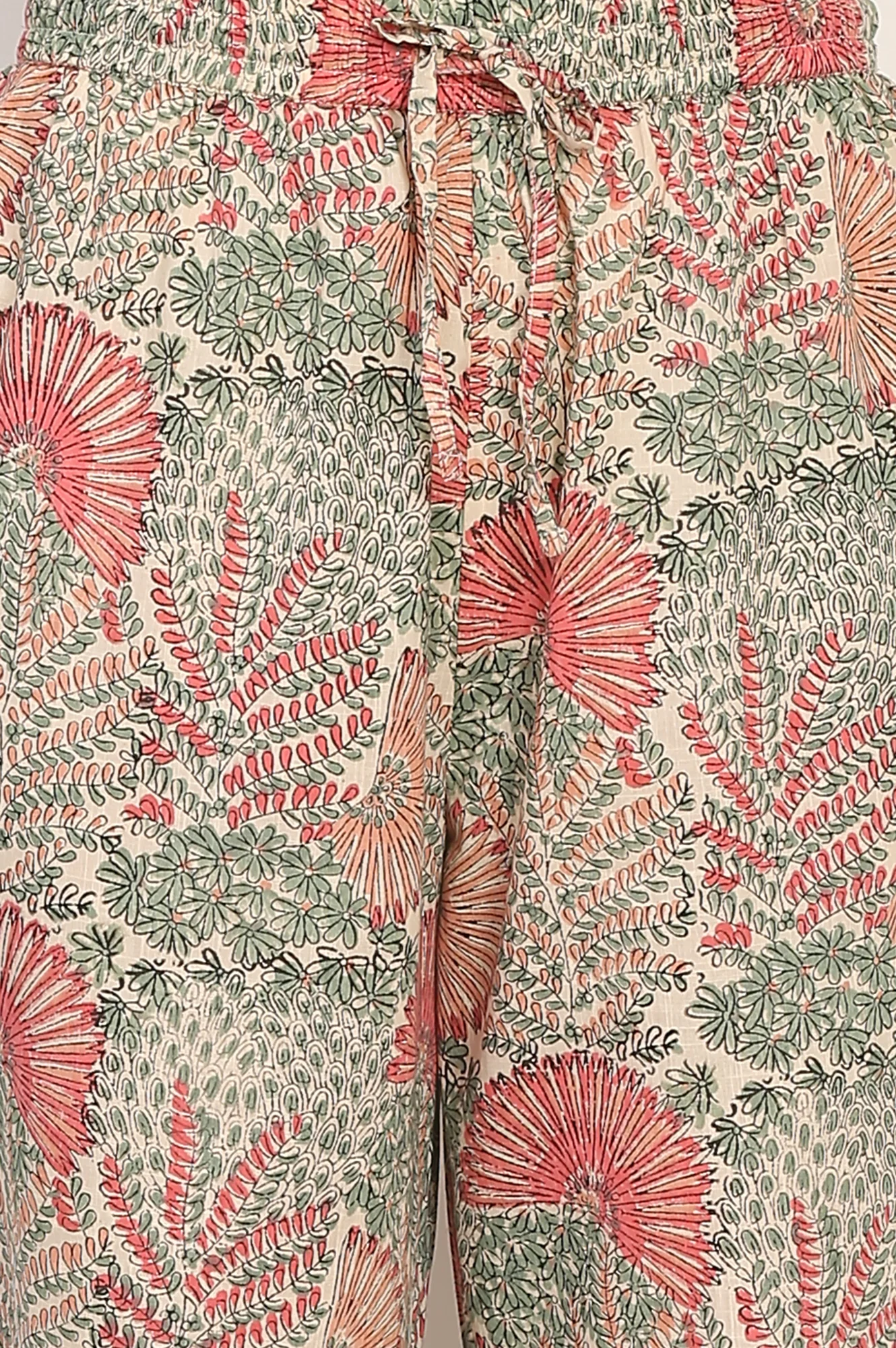 Off-White Floral Handblock Printed Pure Cotton Straight Kurta, Pants and Dupatta Set - Image 9