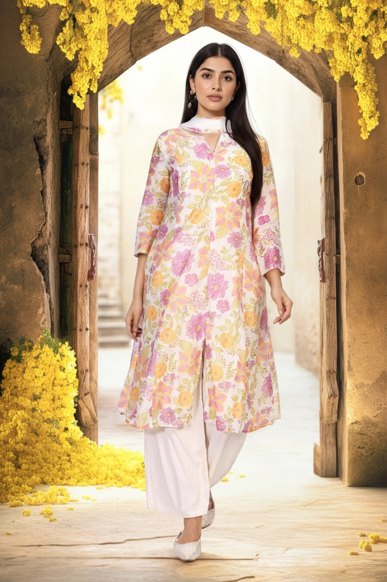 Off-White Floral Printed A-Line Kurta with Parallel Pant and Dupatta Set - Image 2
