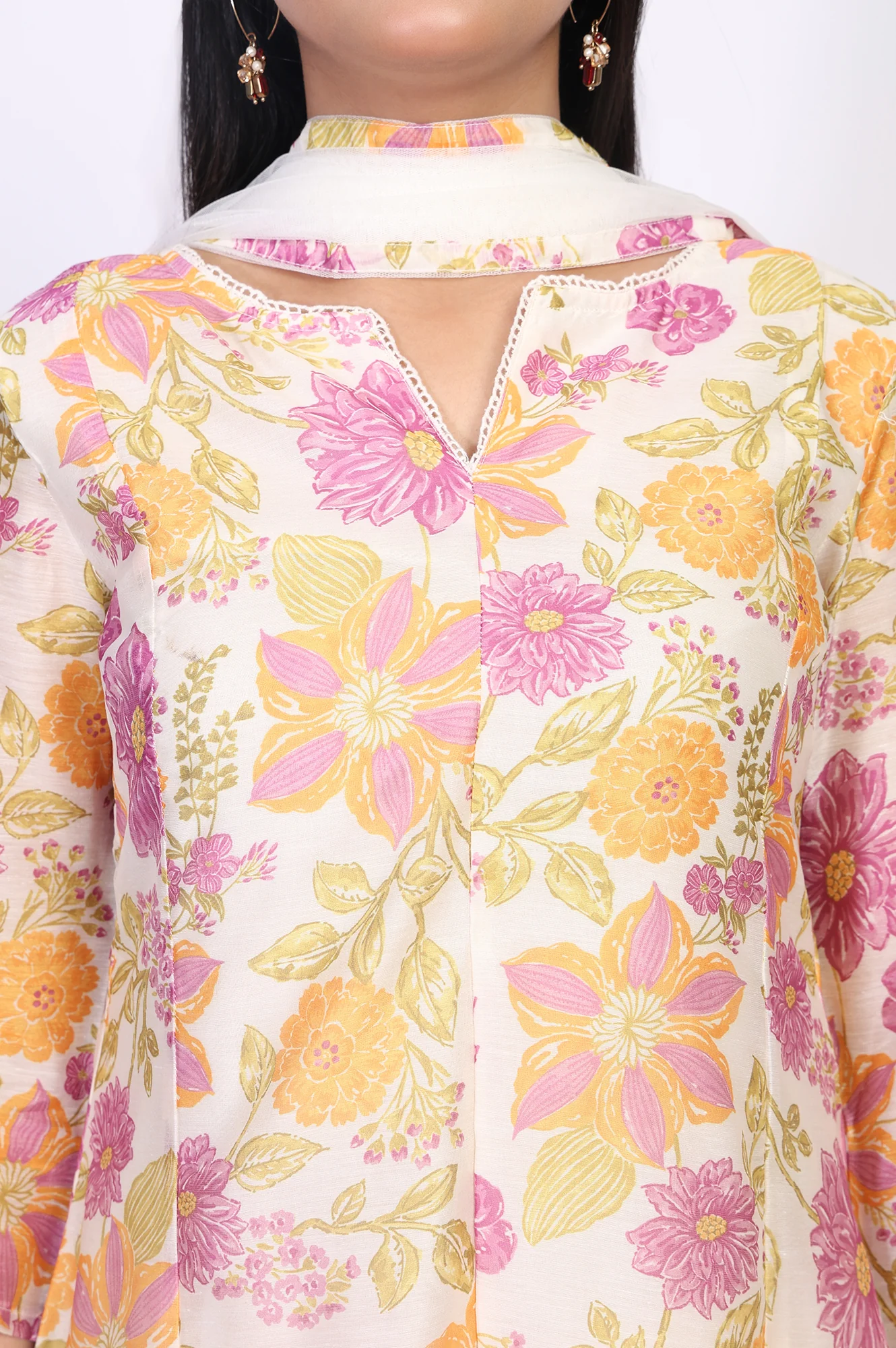 Off-White Floral Printed A-Line Kurta with Parallel Pant and Dupatta Set - Image 3