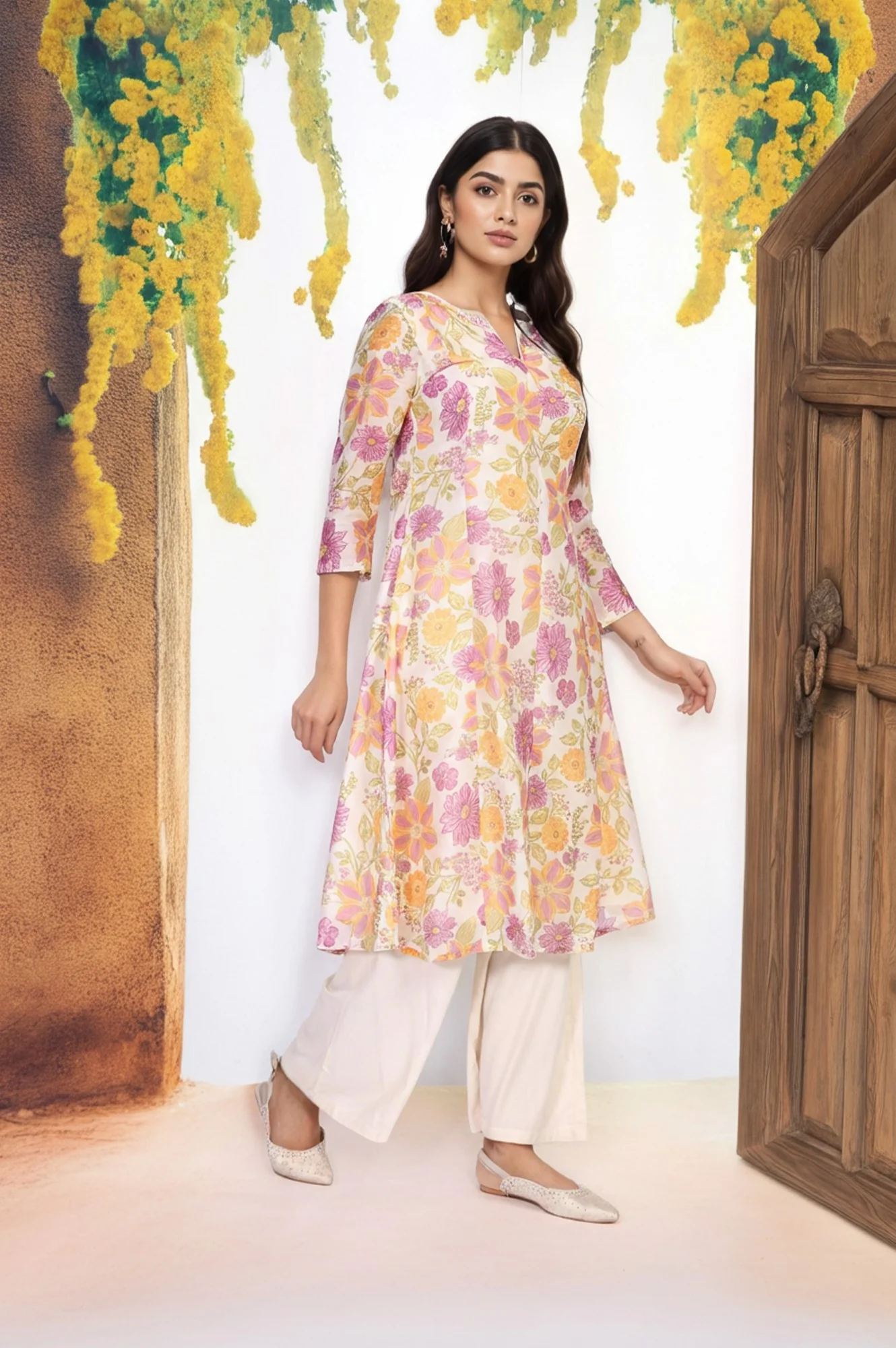 Off-White Floral Printed A-Line Kurta with Parallel Pant and Dupatta Set - Image 4