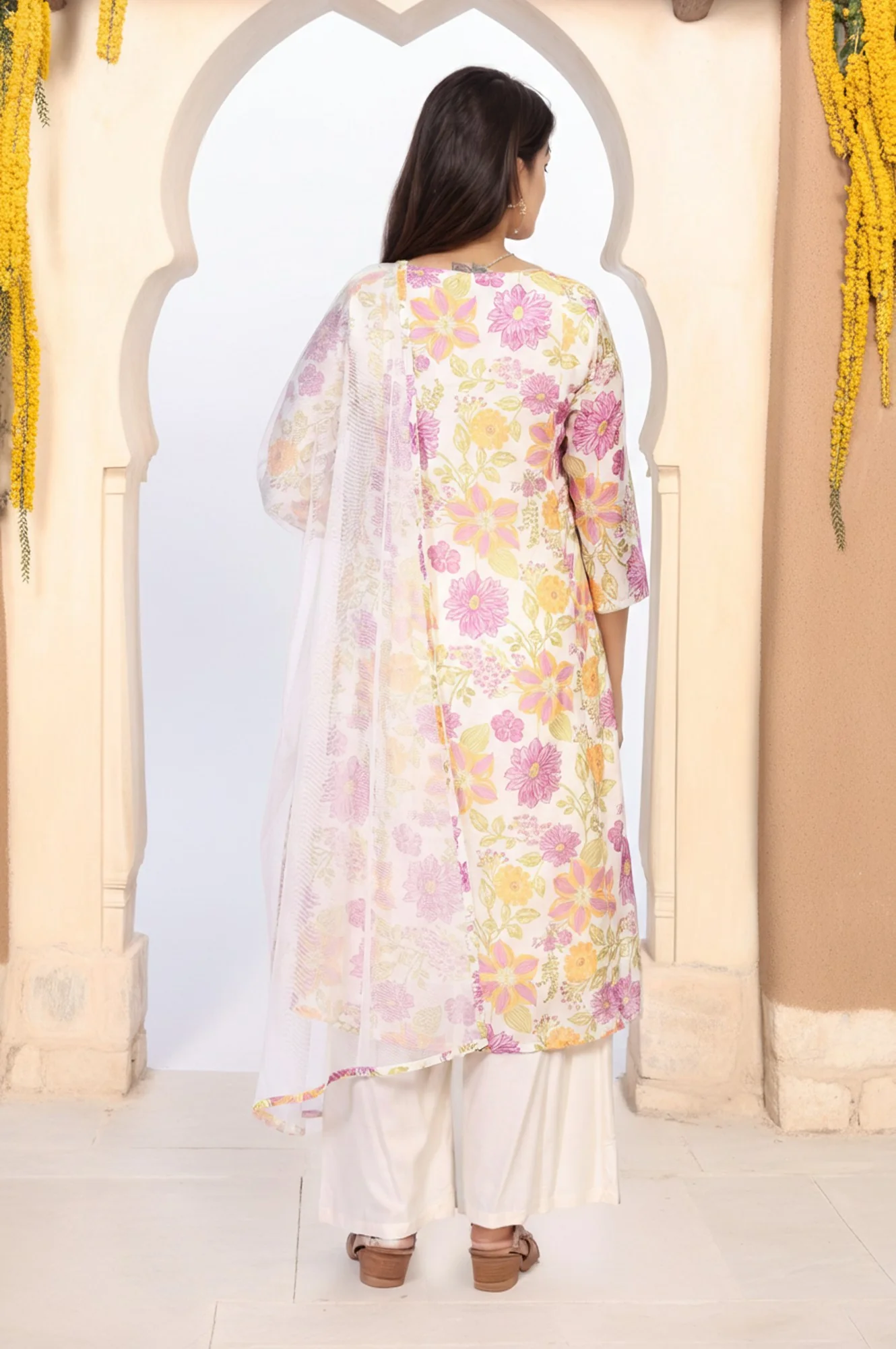 Off-White Floral Printed A-Line Kurta with Parallel Pant and Dupatta Set - Image 5